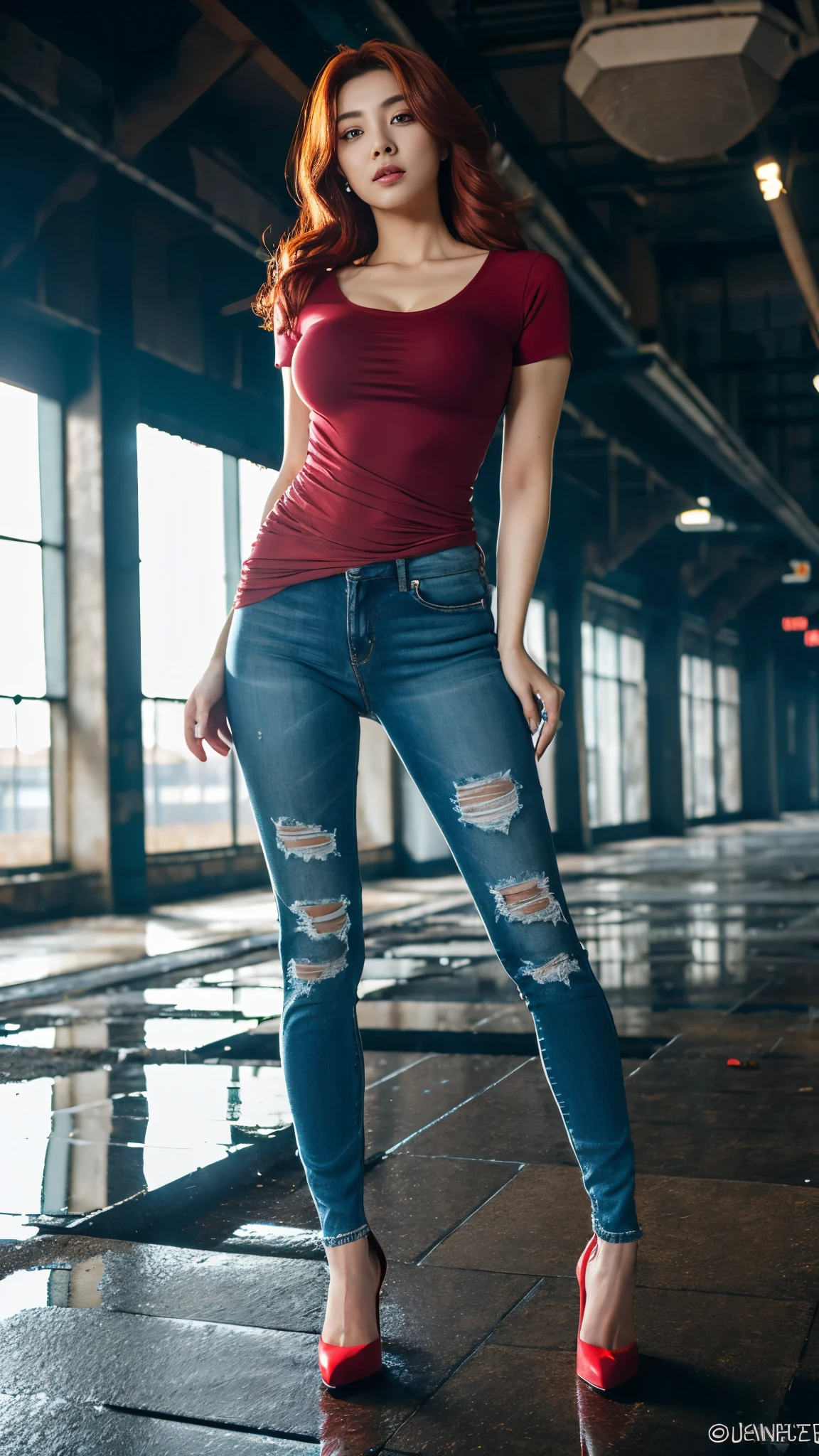 A hot korean woman, age 25 years old, 180 cm, flowy red hair, natural makeup, perfect body shape, giant colossal breasts, (red roses pattern tight jersey shirt with u-neck short-sleeve and ripped long skinny jeans), stilettos, high heels, long legs, open the legs, sexy pose, full body, front view, night, at large abandoned ruined mall, flooded floor, ruined floor, ruined wall, ruined roof, glass ceiling, upstairs viewpoint with parapet, dynamic light, 8K, masterpiece, ultra detailed, flashlight, studio lighting, blue and red color lighting backlight, fogging, little bit smokey, lens flare, movie scene, dramatic photo