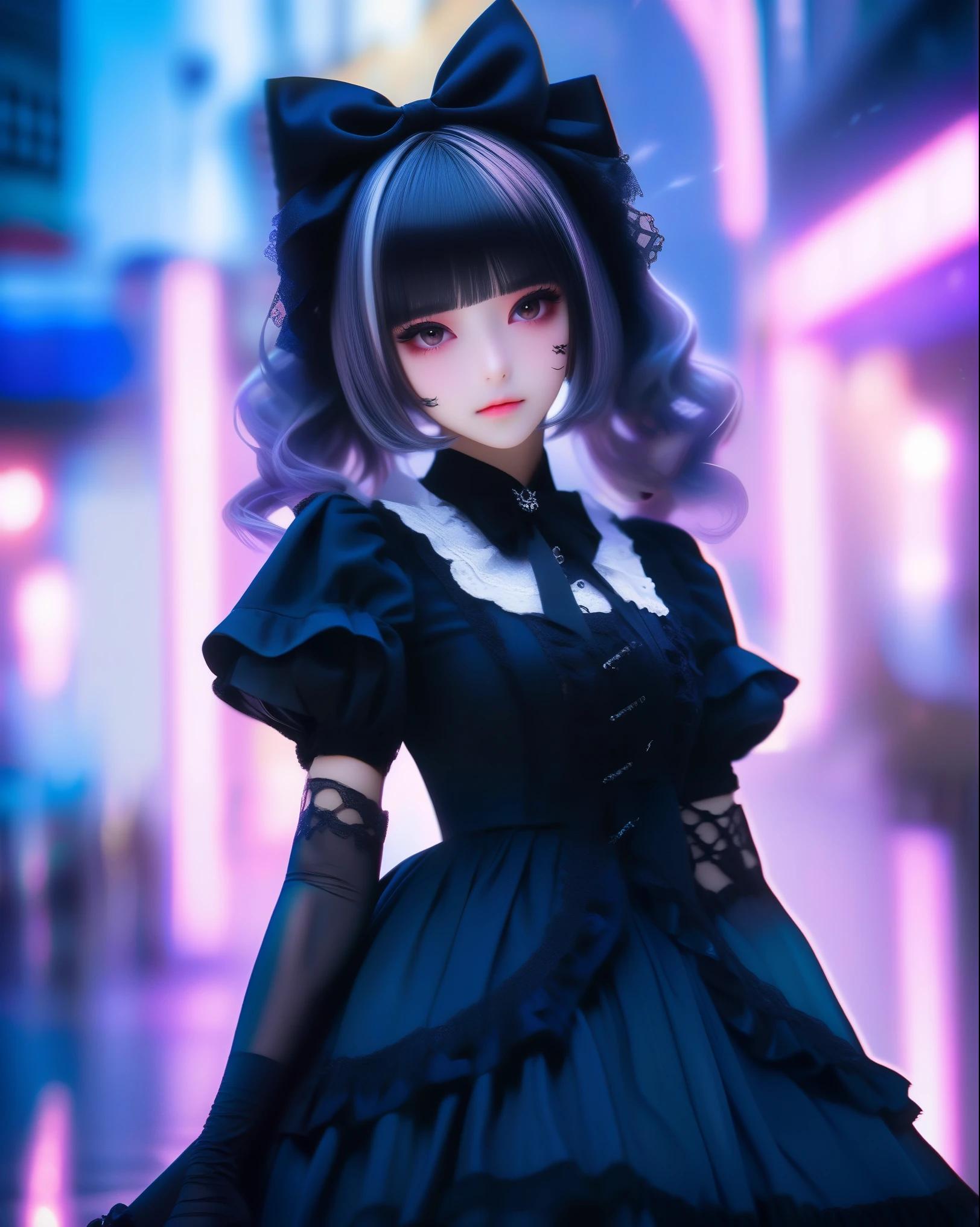 top-quality masterpiece 8K ultra-detailed face One woman wearing Gothic Lolita Full body photo kawaii pose Sexy Pictures Focus on the face Close-range photography profetional lighting Vibrant photo Happy expression Sullen expression Ecstatic look Sex appeal Shiny wet crow hair Gloss Bruises and cuteness Unreality absurderes Heavy bangs Lots of skin tones Cute anime,background,