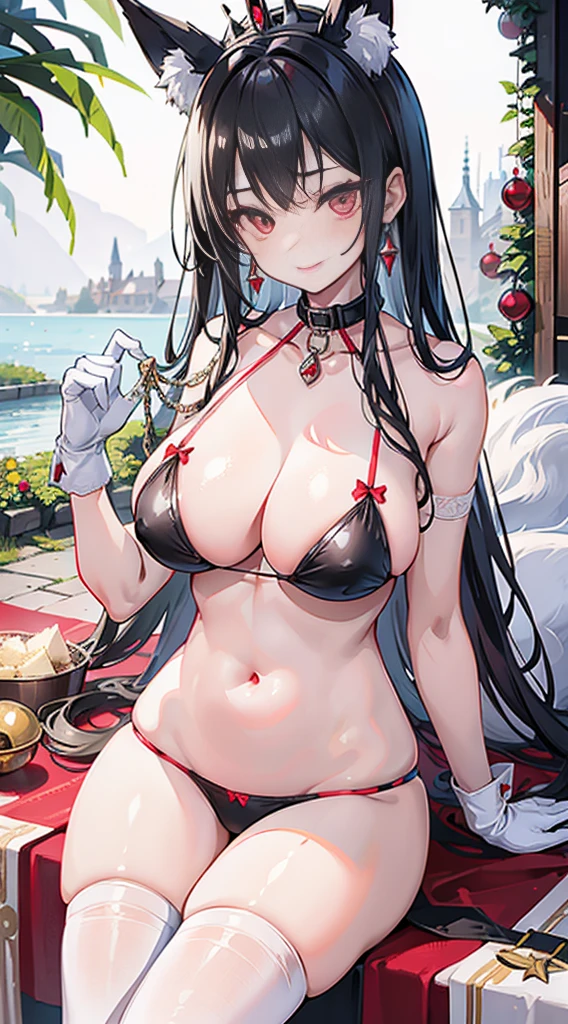 high quality, masterpiece, super detailed, 1 girl,  extremely detailed faces, black striped bikini，White gloves，white christmas stocking，Red Lantern，red christmas carpet，maid crown，crazy,handcuffs，collar，Calm expression,Smile，handcuffs，collar，long black hair, charming pink eyes, fox ears, Ridiculously big, shiny skin, Outdoor sports, garden, Medieval western town, 