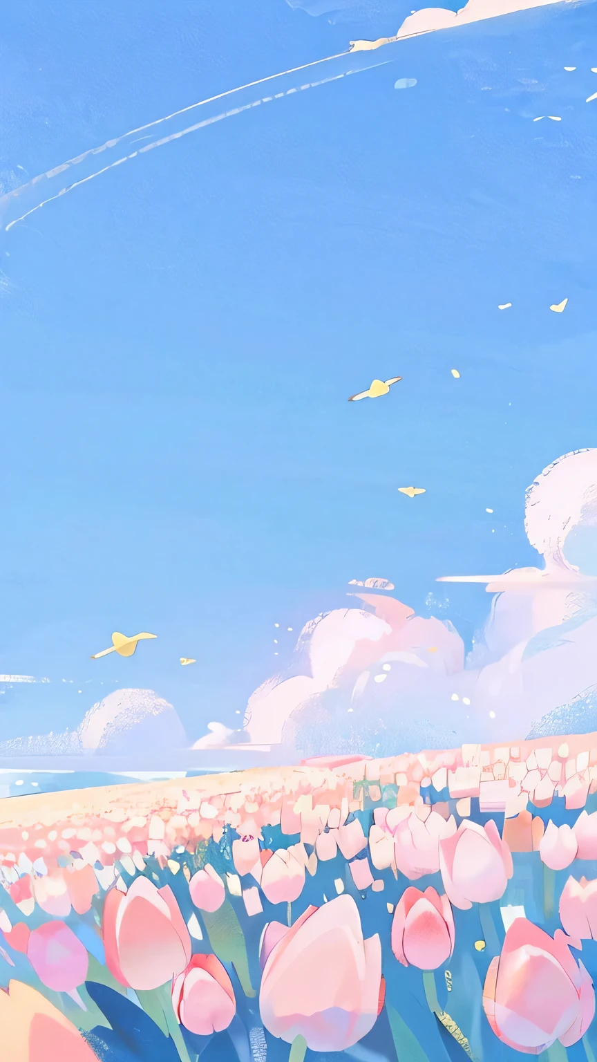 （Several pink tulips），Clear blue sky，gentle，Dreamy Matte Photos，sparkling，luster，clean and simple，Sufficient lighting，summer，Pink tulips blown by the wind