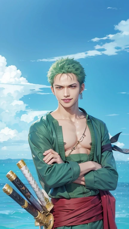 1man, roronoa zoro in anime one piece, short hair , green hair, black eyes, handsome, green clothes, realistic clothes, detail clothes, smile, city background, ultra detail, realistic