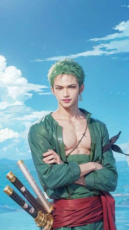 1man, roronoa zoro in anime one piece, short hair , green hair, black eyes, handsome, green clothes, realistic clothes, detail clothes, smile, city background, ultra detail, realistic