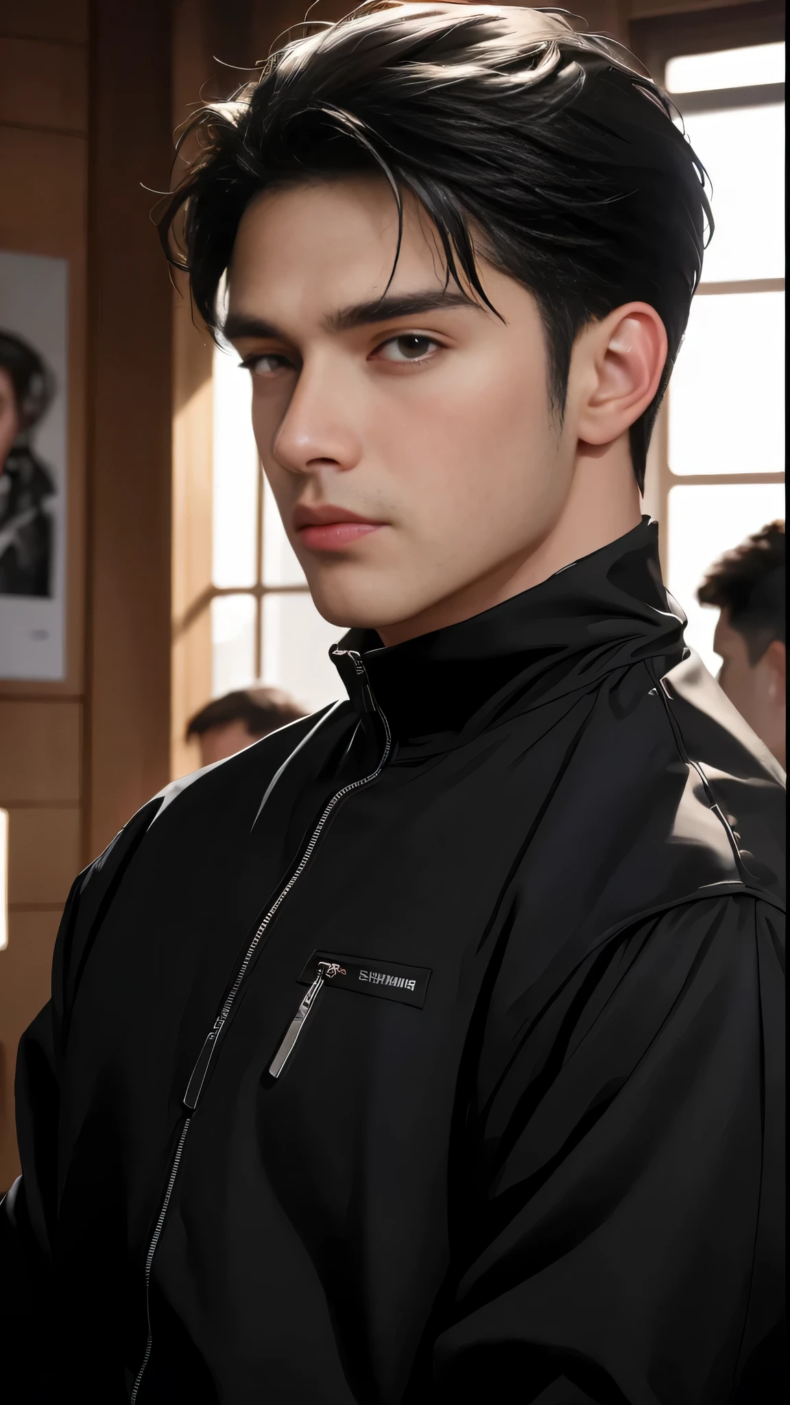 Imagen arafed de un hombre con una chaqueta negra y ojos azules., guapo impresionante realista, inspirado en Yanjun Cheng, hyper estilo realista, male model, Cai Xu Kun, retrato suave 8 k, inspirado por Zhang Han, inspirado en Russell Dongjun Lu, estilo realista, retrato de alta calidad, realistic art style, photo estilo realista, ( ultra realista )