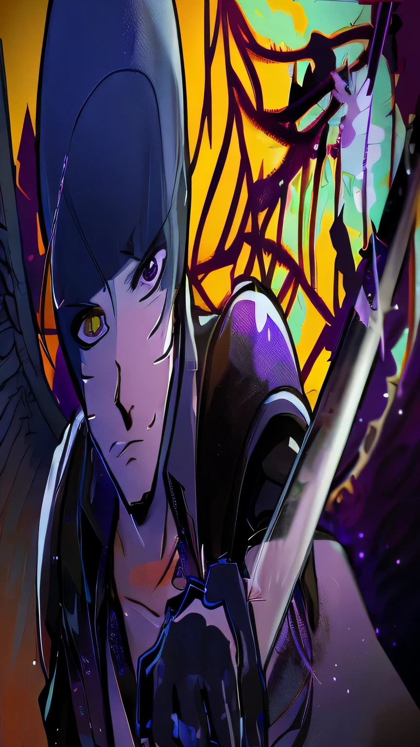 Anime character with wings holding a sword in front of a rough earth background, close up of character art, trigger anime art style, Demon slayer art handsome man, detailed fan art, background artwork, high quality fan art, Persona Art Style, full art illustration, digital anime illustration, Edgy Teen Assassin, advanced details!, Original Anime Drawings, official fan art, Danganronpa digital art,standing position