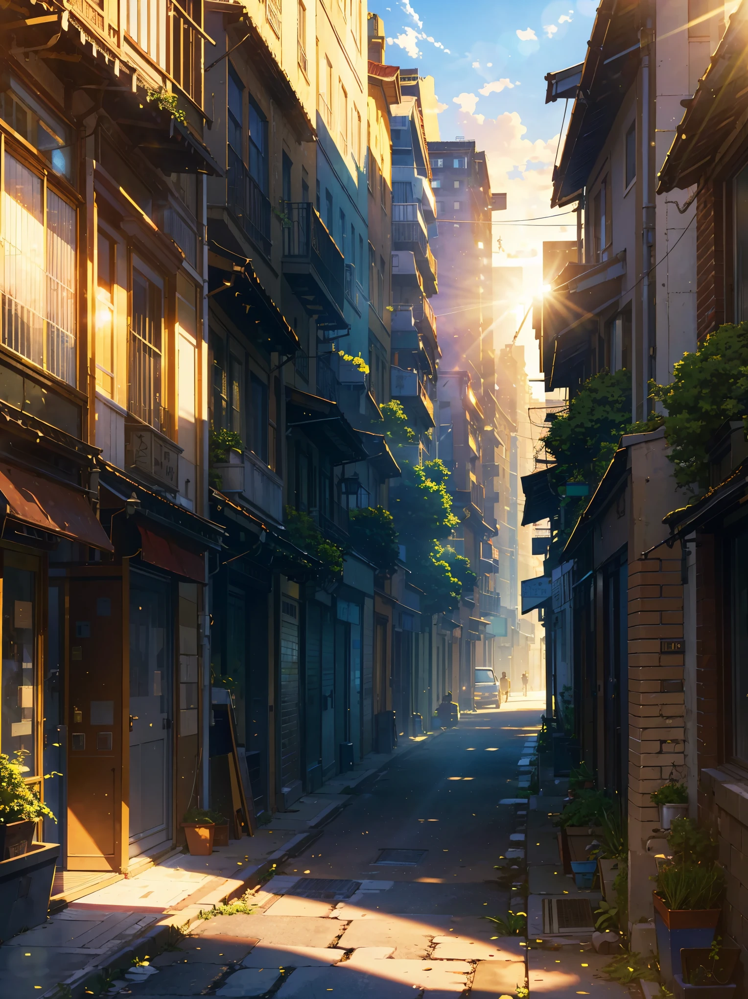 (best quality:1.2),sunny day,blue sky,empty city road,2 starred buildings,some little plants covering them,smooth asphalt pavement,crisp shadows,fluffy white clouds,quiet atmosphere,vibrant atmosphere,detailed textures on the buildings,play of light and shadow on the buildings,gentle breeze in the air,serene mood,sunlight streaming through the leaves,touch of greenery,clear visibility,immaculate clearness,distant horizon,open space,urban solitude,serenity amidst the hustle and bustle,peaceful ambiance,inviting tranquility,serene cityscape,endless possibilities,unexplored corners,hidden gems,lazy day,leisurely walk,relaxed pace,urban exploration,warmth of the sunlight on the pavement,welcoming warmth,delicate beauty.