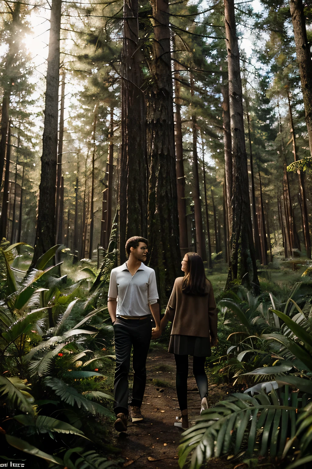 Lost in the Woods: An image depicting Alex and Maya wandering through the dense forest, surrounded by tall trees and tangled vines, looking slightly worried as they realize they've lost their way.