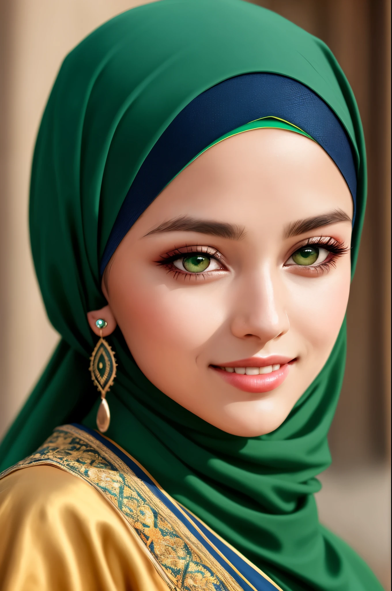 (best quality), (photo-realistic:1.2),realistic skin texture, beautiful European lady,Cute European ,Double eyelid, bangs, red bobcut,green eyes, wearing hijab, Thin,(figure),slim,smile, earrings, looking at viewer,face focus, depth of field,wearing islamic uniform