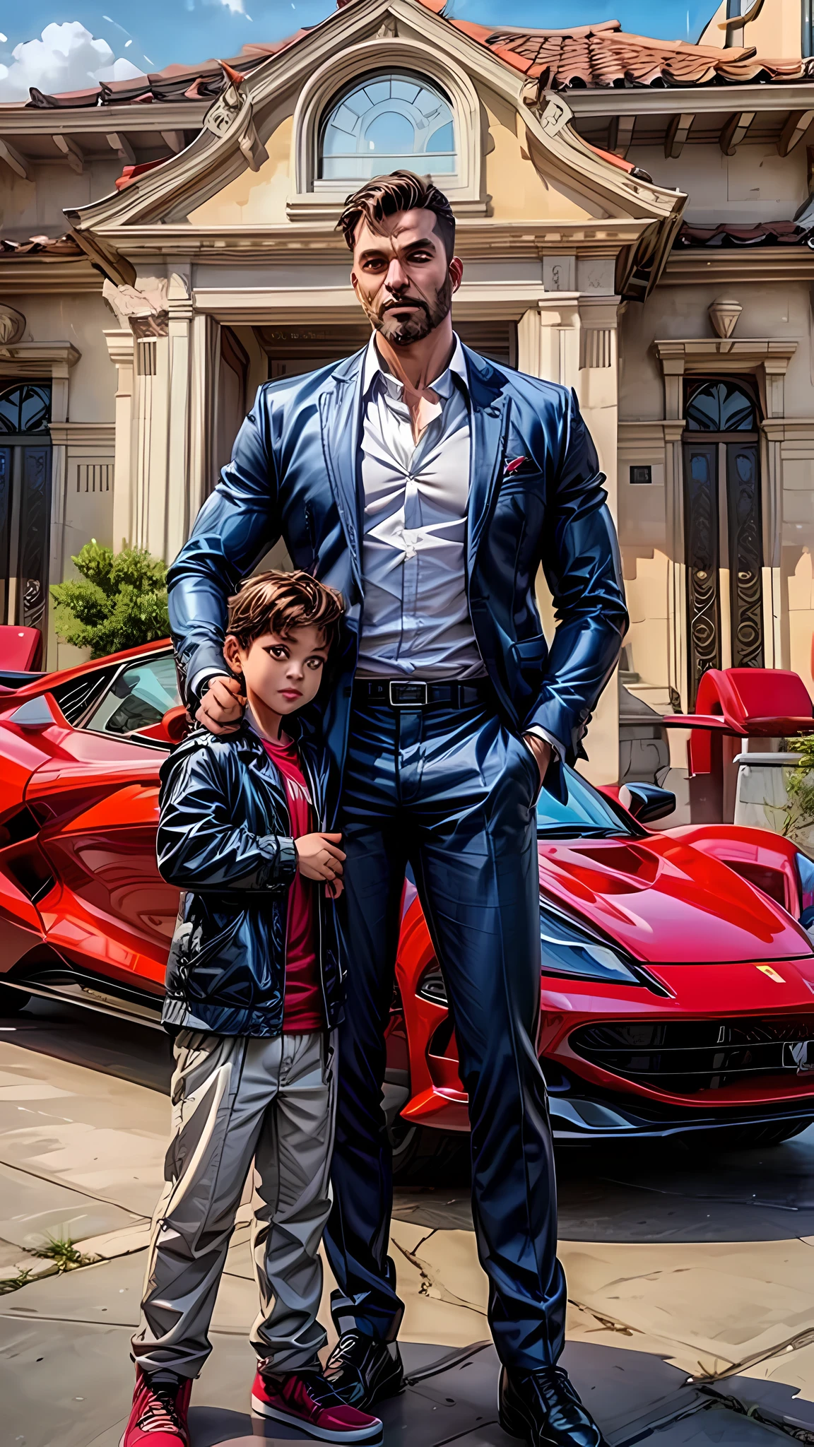Um homem musculoso e seu filho com uma ferrari no fundo