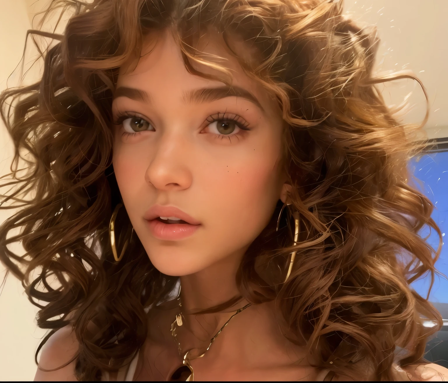 um close de uma mulher com seios muito grandes, encaracolado bangs, quanto, Ashteroth, brown encaracolado hair, encaracolado haired, seu rosto emoldurado por cachos, encaracolado, encaracolado middle part haircut, encaracolado brown hair, imagem de perfil, messy encaracolado hair, imagem vazada, encaracolado hair, taken at the beginning of 2020, Zendaya