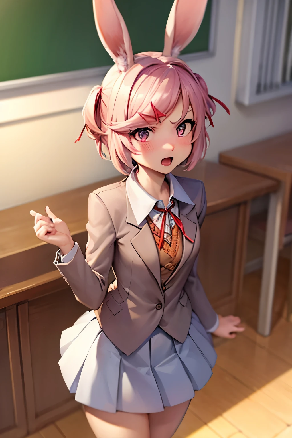 solo female,looking at viewer, masterpiece, best quality, bunny ears, pink eyes,furry,Natsuki from doki doki,bunny, furry, full body shot, solo,blazer, blouse, blue skirt, jacket, brown jacket, miniskirt, neck ribbon, ribbon, , shirt, skirt, white shirt,white fur,pink hair, (furry), bunny girl, bunny ears, ((body fur)), (smooth fur), bunny tail, blush,[not explicit content,sfw]hands behind,class room,class room background, looking to the viewer, angry face,angry eyes,tsundere,small girl,view from above,flat breasts,flat chest, red ribbon,red ribbon on hair, fluffy fur, grey fur, long lashes, tail, one tail, blushing, narrow shoulders, dantie, feminine body, hourglass figure, shy, wide hips, thick thighs, large butt, black briefs, facing viewer, classroom interiorblazer, blue skirt, brown jacket, collared shirt, jacket, long sleeves, miniskirt, neck ribbon, pleated skirt, red ribbon, ribbon, very flat chest,very flat breasts, shirt, skirt, swept bangs, vest, white shirt, wing collar, x hair ornament,red ribbon on hair,angry but shy, angry but blushing, angry,tiny,small,very small breasts, angry face, rabbit girl, bunny girl, rabbit ears, bunny ears, view from above, small girl, tall viewer,