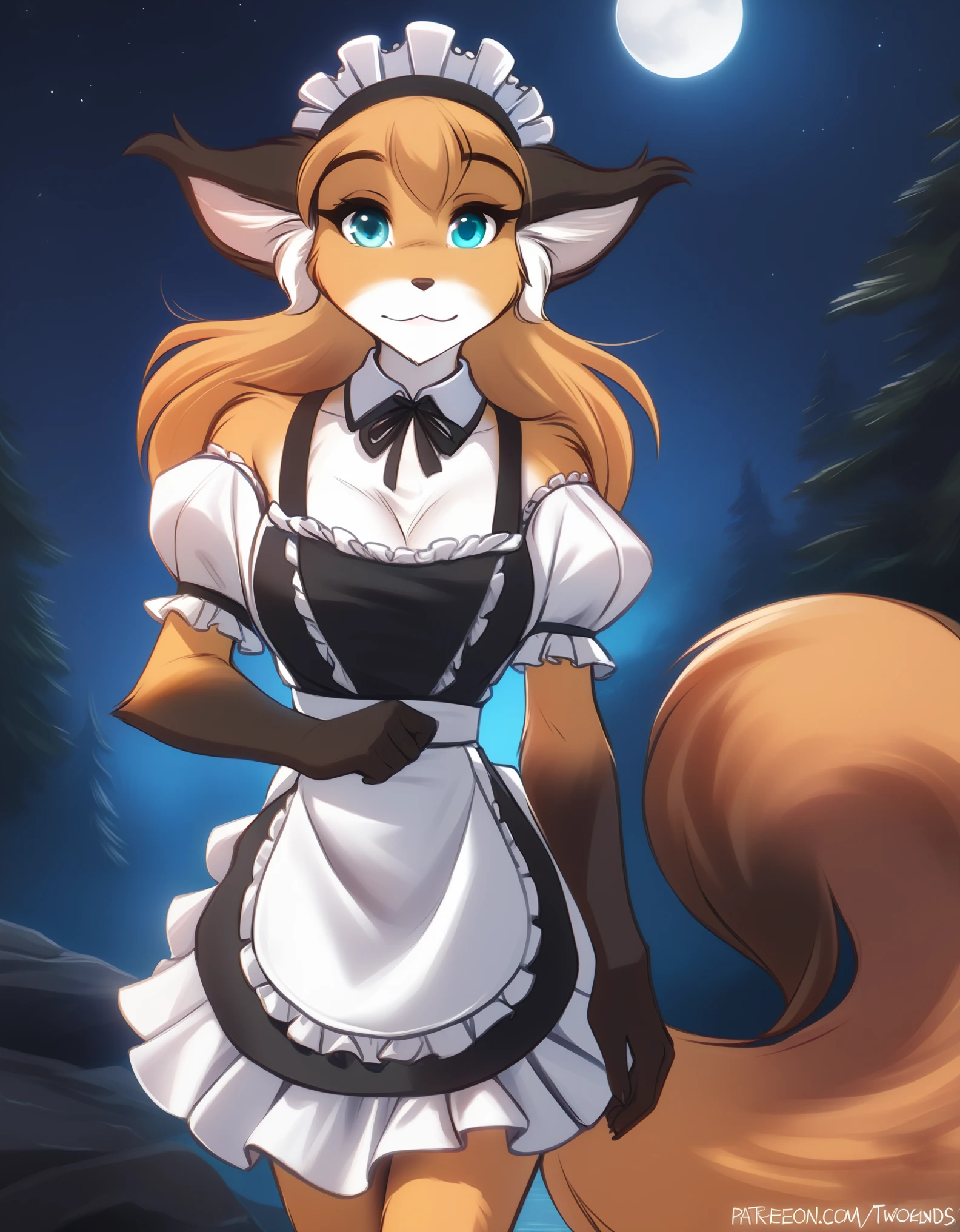 solo, tkmike, keidran, mammal, pantherine, mike_(twokinds) , mike_twokinds, twokinds,  personalami, rating:safe, anthro, arm_tuft, forest, night, stars, moon, maid, maid apron, fox tail,  female, breasts, teal eyes, multicolored_fur, multicolored_body, orange_body, orange_fur, black_body, black_fur, white_body, white_fur, 