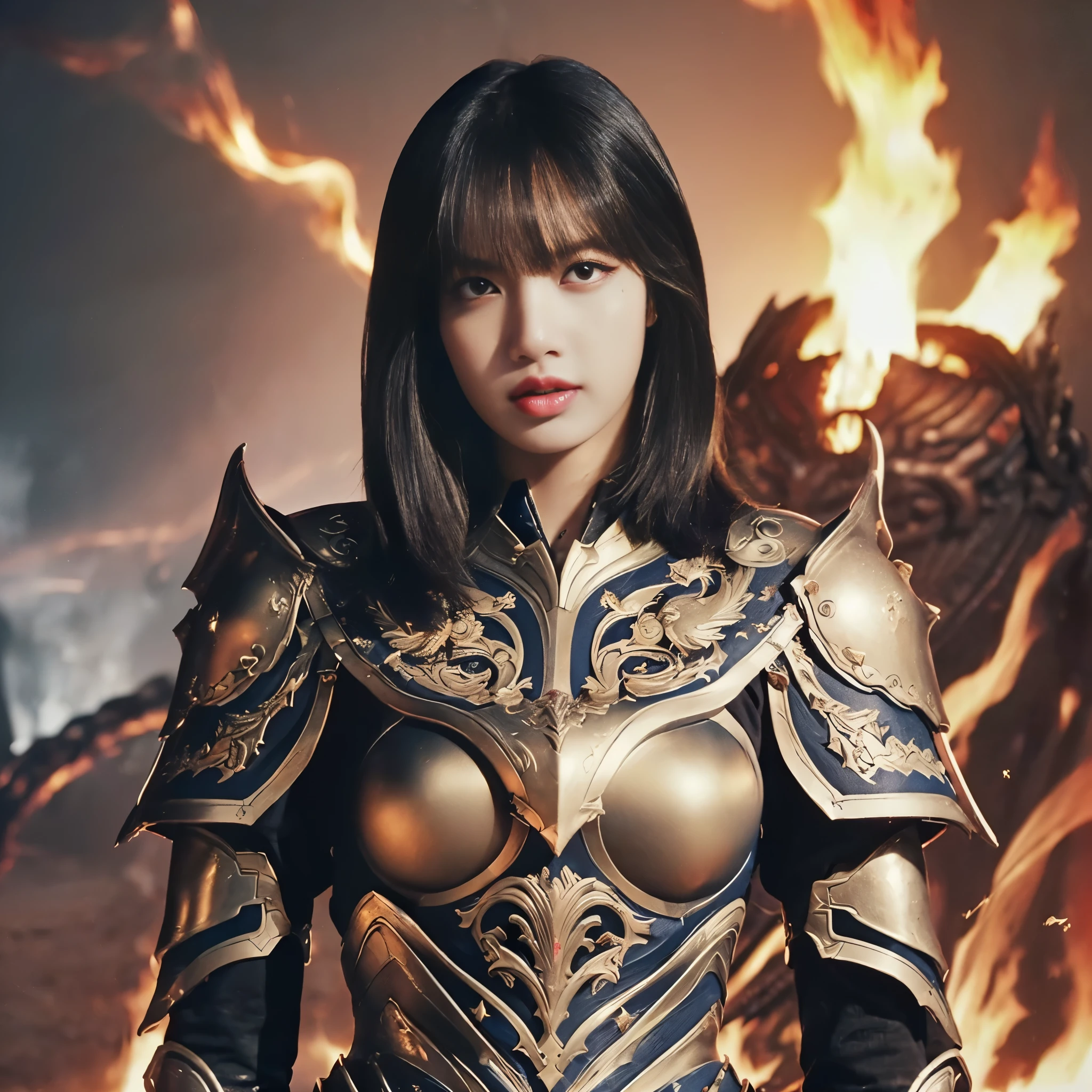 (((Realistic, masterpiece, best quality, crisp detail, high definition, high detail, sharp focus, perfect studio lightning, rich color, very rich detail))), 20 years old ((lisa blackpink)), wearing ((full decorated heavy golden armor, beautiful decorated armor, full body armor)), ((long straight, rainbow color)) hair, ideal body, big breast, dirty, sweating, ((bloodstained face, blood scattered armor, long blood scattered sword hanged on back, fire tornado)),(( fire everywhere, smoke everywhere, blood everywhere, death everywhere,)), ((( fierce dragon, colossal war,hell)) background), war zone, battle ground