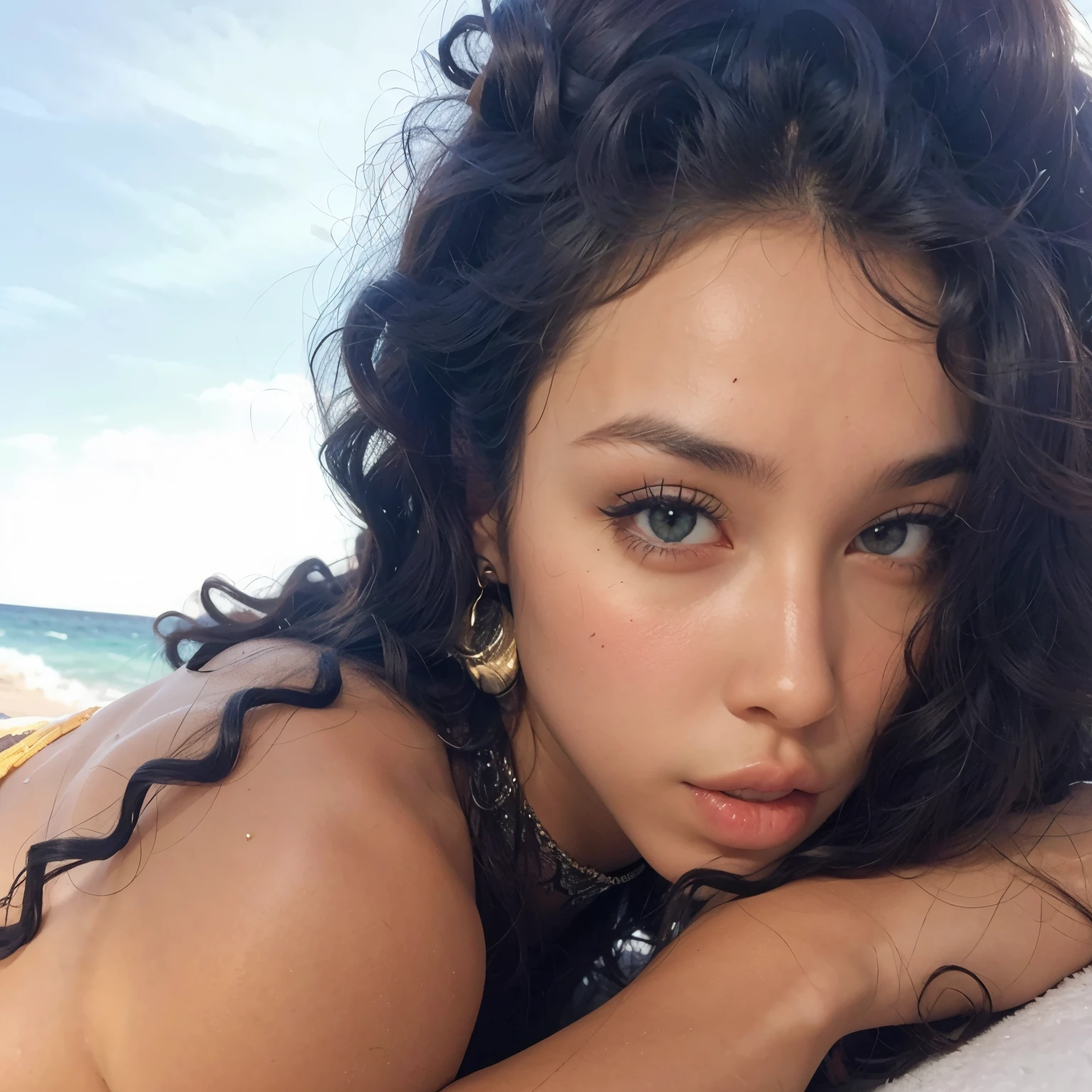 mulher araffe com cabelos cacheados deitada em uma toalha de praia, quanto, linda mulher, linda linda mulher, lindo rosto latina, deitando-se, pele clara, Bella Poarca, Senhora deslumbrante, Retrato de Sophie Mudd, pele verde-oliva, ela tem pele morena oliva, garota sexy com pele escura, mulher deslumbrante, rosto lindo, linda mulher, senhora sedutora, rosto sexy