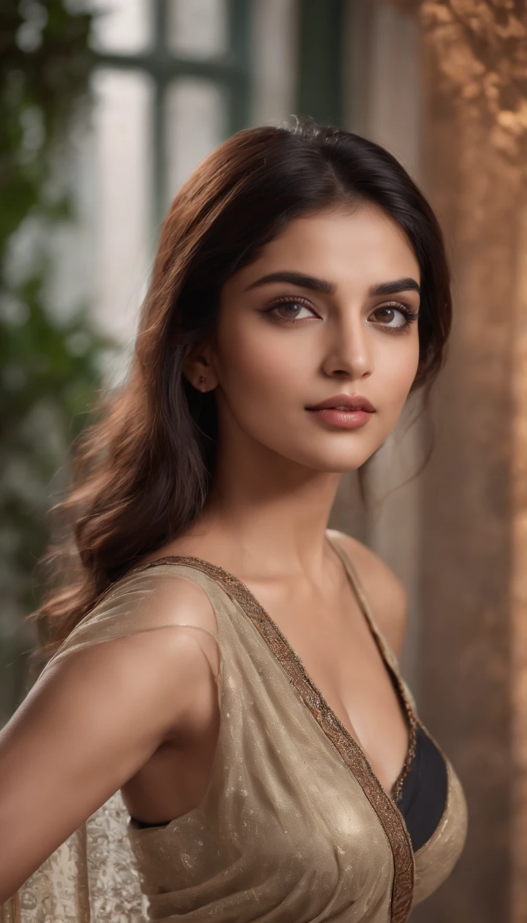 walking in a moonlit courtyard, exotic girl, beautiful indian,(indian babe:1.1), looking at the viewer, shining skin, perfect lighting, the embodiment of grace and elegance, (saree,bra:1.1), (Big Tits:1.3), clear curvy details, beautiful curves, detailed eyes, detailed pupil, Ultra Detailed, unity 8k wallpaper, ultra detailed, aesthetic, masterpiece, best quality, photorealistic, lustful looks, biting her lips, hands on brerasts