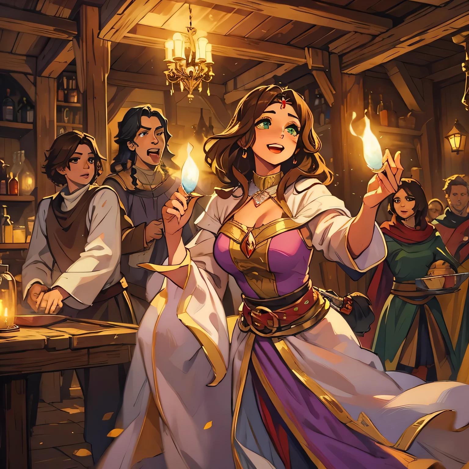 Beautiful woman with green eyes and brown hair、Witch sorcerer in white and gold robes、Noble robeagic princess and happy expression, she is dancing ((flushed)) Tavern Background RPG Art RPG Medieval Art,Illuminated by dim candlelight