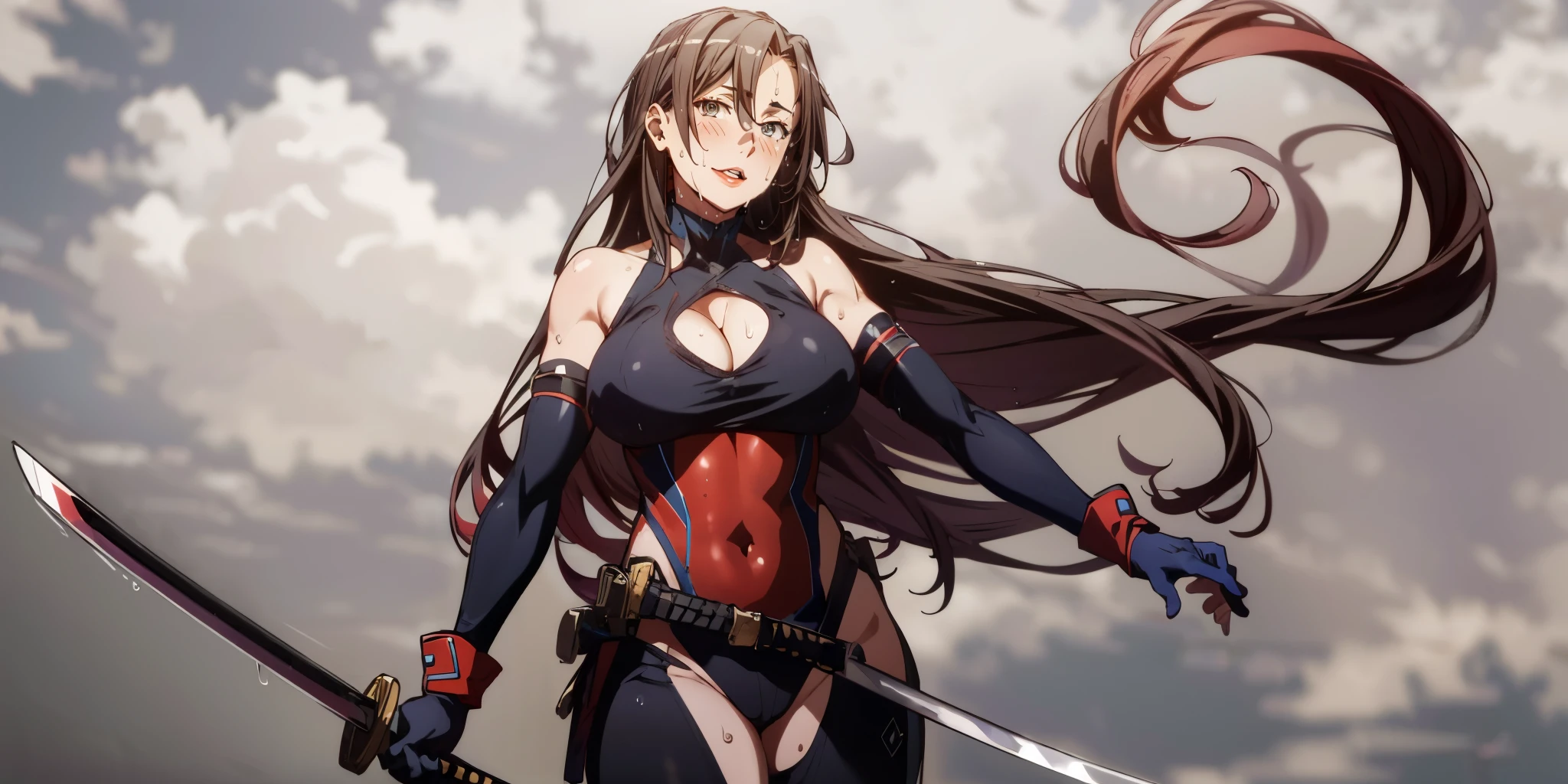 long hair, black hair grey eyes, sensei, curvy, huge breasts, anatomically correct, muscular female, best quality, masterpiece, high quality, high details, highres, HD, gloves, solo, black_gloves, breasts, bare_shoulders, elbow_gloves, grey_background, looking_at_viewer, standing, cleavage, covered_navel, leotard, floating_hair, holding, katana "long shot scenic professional photograph of {prompt}, perfect viewpoint, highly detailed, wide-angle lens, hyper realistic, with dramatic sky, polarizing filter, natural lighting, vivid colors, everything in sharp focus, HDR, UHD, K", (shaded face:1.2), hollow eyes, grey eyes, looking at viewer, heavy breathing, smirk, upper teeth, sweating, wet, lips,