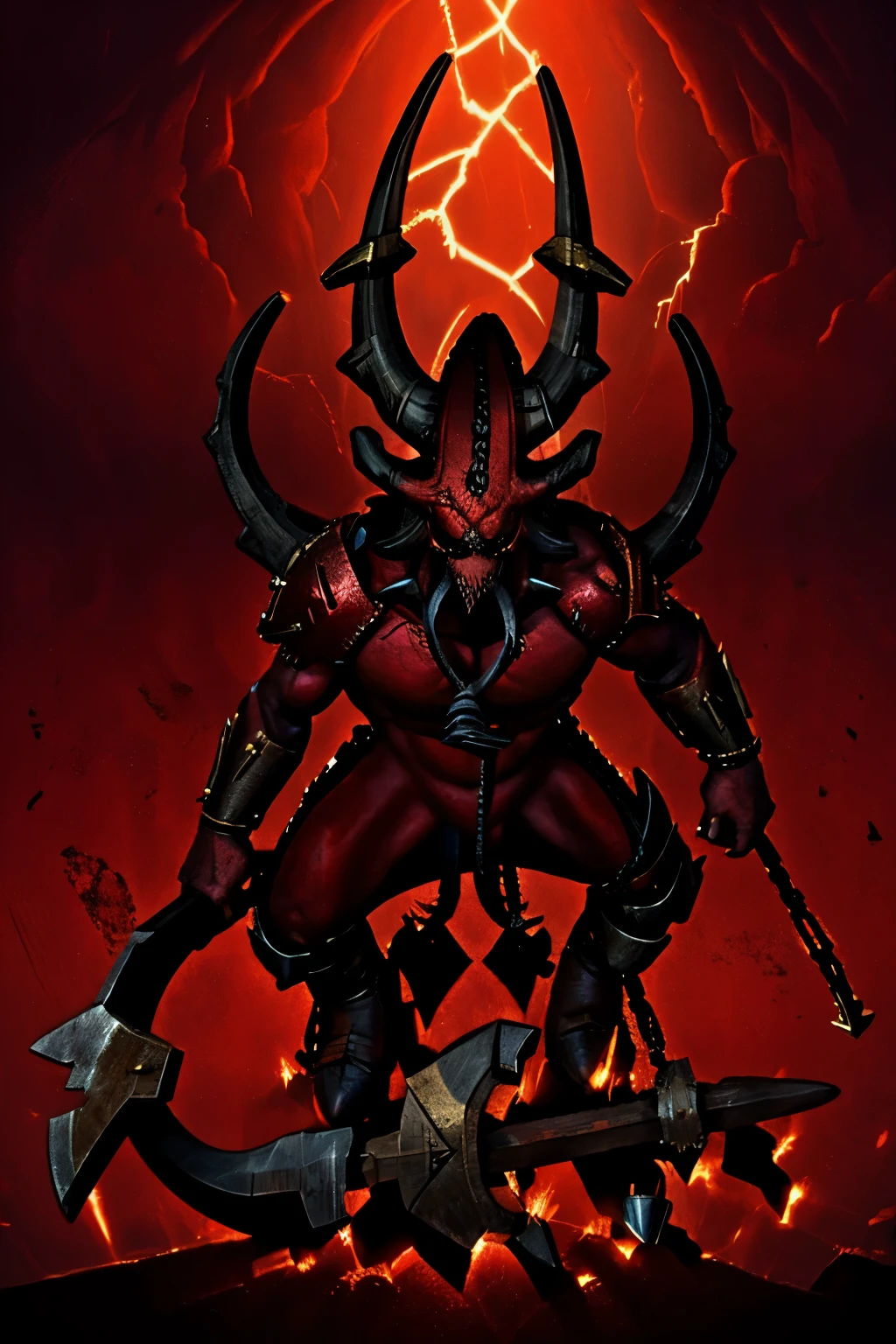 1 male, khornate berzerker, broken horn, red colored skin, fangs, drool, demon horns, demon wings, skull jewelry, chains, leather armor, shoulder armor, torn clothes, vambraces, brass armor, chain axe, claws, chaos, warhammer, WH40k, warhammer fantasy art