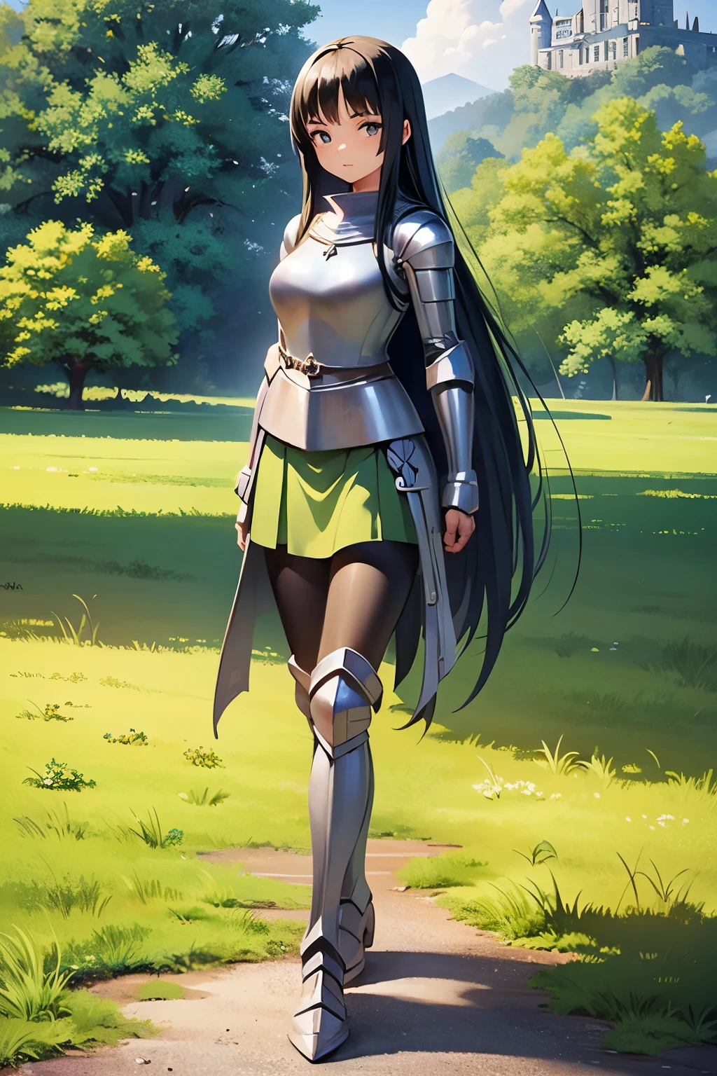 (((masterpiece))), (((best quality))), ((ultra-detailed)), (cinematic lighting), (illustration), (beautiful detailed eyes), (1girl, 20s), full body, knight, futuristic armour, walking, castle in background, field, expressive eyes, perfect face, Girl: (black hair, long hair, wearing skirt, black pantyhose, green and grey armour, green baggy shirt, knee boots),
