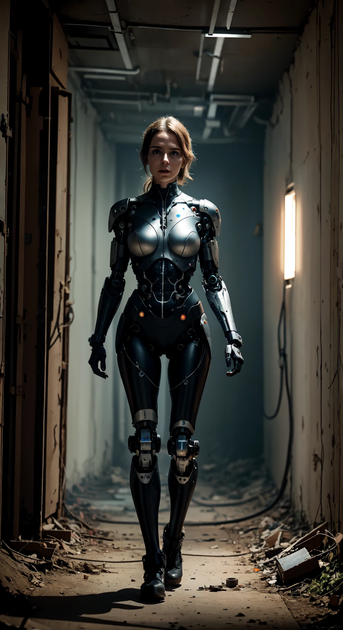 In an abandoned bunker, a cyborg woman explores the desolate corridors. Equipped with mechanical limbs, she moves quietly, alert to any potential threats. Sensors in her eyes enable her to see through the darkness, revealing a dilapidated environment covered in dust and cobwebs. With caution, she searches for signs of other survivors or clues about the bunker's abandonment. The cyborg's heightened hearing detects faint noises that could originate from either deteriorating structures or unknown creatures, prompting her to activate her self-defense mechanisms. Despite the uncertainty and potential dangers ahead, she continues to navigate the deserted facility, driven by a sense of responsibility to uncover the truth. Her mission is to find answers that may aid humanity's survival in this changed world.