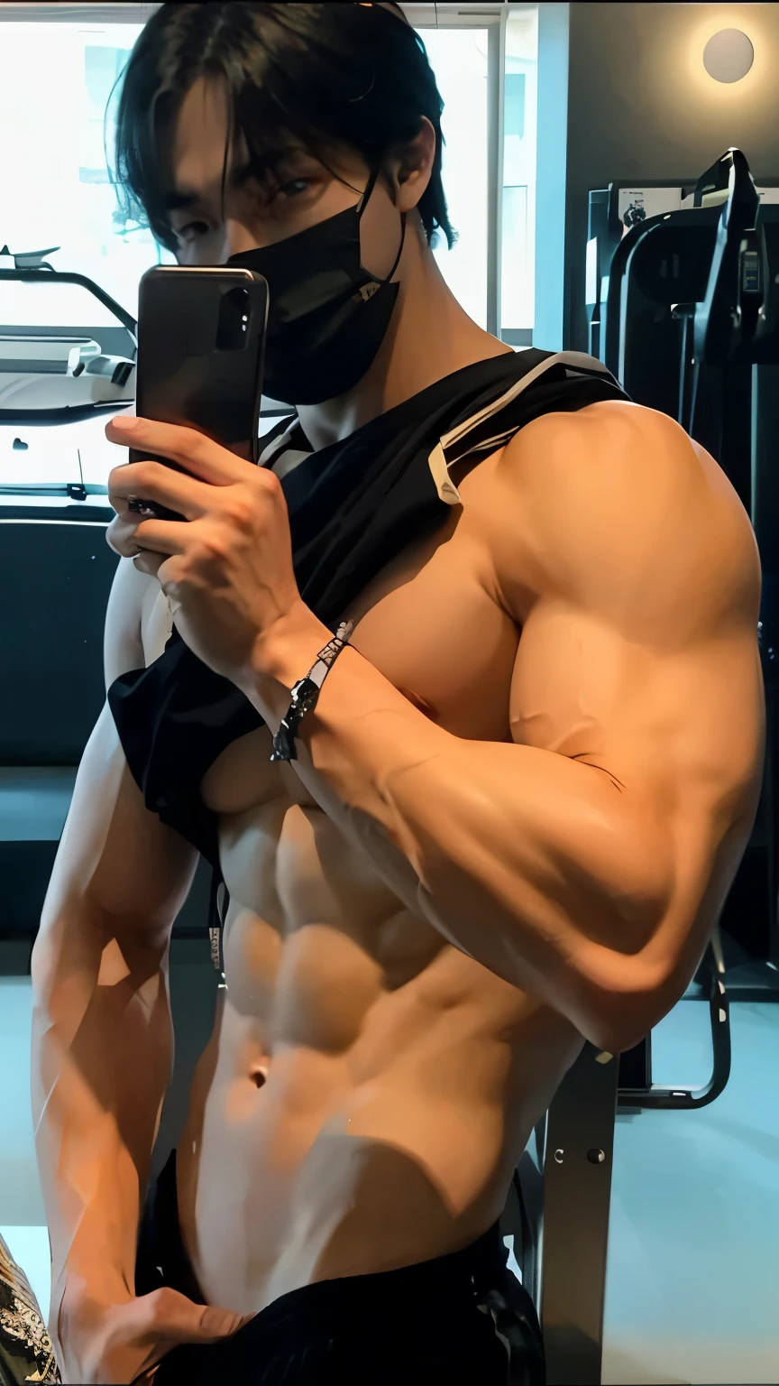 fit man with mask taking a selfie in a gym, menino musculoso, slim, muscular build, with abdomen, foto adequada, magro, mas musculoso, corpo de ernest khalimov, lean and muscular, absurdly muscular physique, [ rigidly defined abdomen ]!!, muscles, exaggerated muscular physique, muscular arms, rasgado