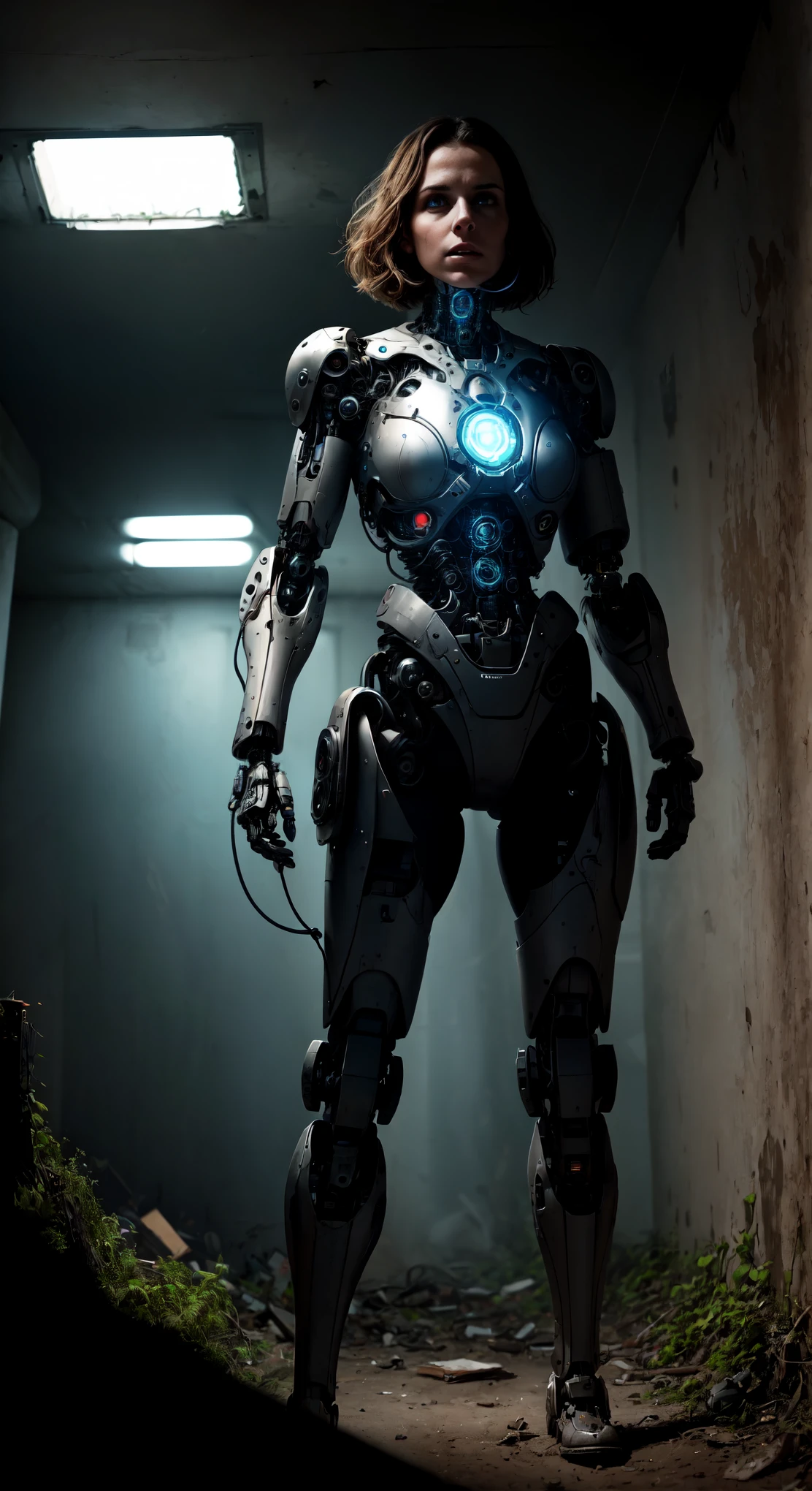 In an abandoned bunker, a cyborg woman explores the desolate corridors. Equipped with mechanical limbs, she moves quietly, alert to any potential threats. Sensors in her eyes enable her to see through the darkness, revealing a dilapidated environment covered in dust and cobwebs. With caution, she searches for signs of other survivors or clues about the bunker's abandonment. The cyborg's heightened hearing detects faint noises that could originate from either deteriorating structures or unknown creatures, prompting her to activate her self-defense mechanisms. Despite the uncertainty and potential dangers ahead, she continues to navigate the deserted facility, driven by a sense of responsibility to uncover the truth. Her mission is to find answers that may aid humanity's survival in this changed world.