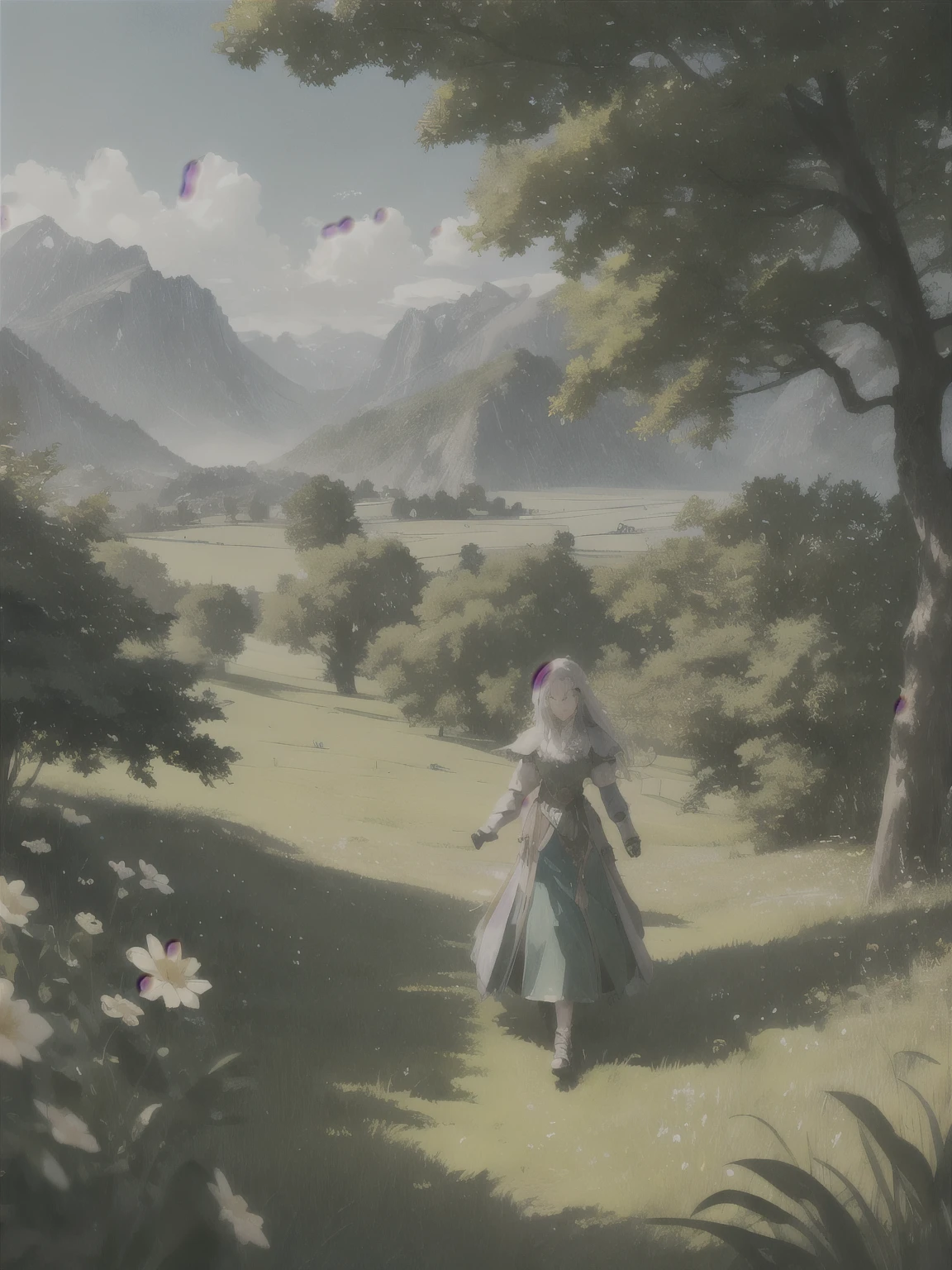 In a green meadow stands a girl leading a group of knights.
BREAK
With a brave expression, she guides them towards their destination.
BREAK
Behind her, a green forest stretches out and beyond that, mountains rise in the distance.
BREAK
The most suitable effect for this scene would be a watercolor painting technique to capture the softness of the meadow and the fluidity of the movement.