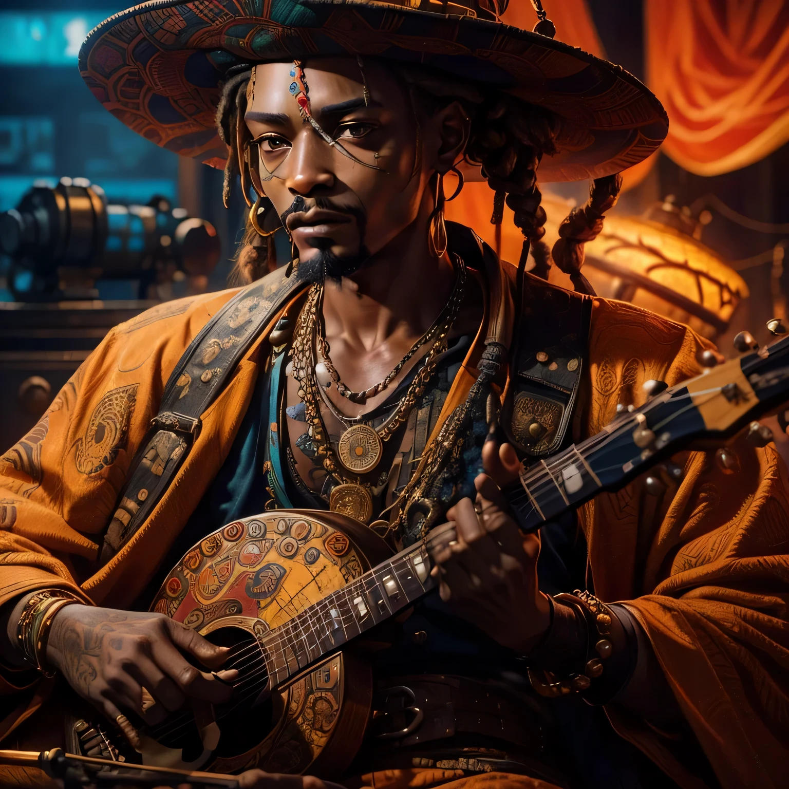 araffe with dreadlocks and a hat playing a guitar, portrait shot, inspired by Ras Akyem, african jesse pinkman portrait, african steampunk alchemist, detailed portrait shot, snoop dogg as a mage, closeup portrait shot, snoop dogg as doctor strange, close up portrait shot, medium shot portrait, african cyberpunk wizards, edited, fanart, photo still