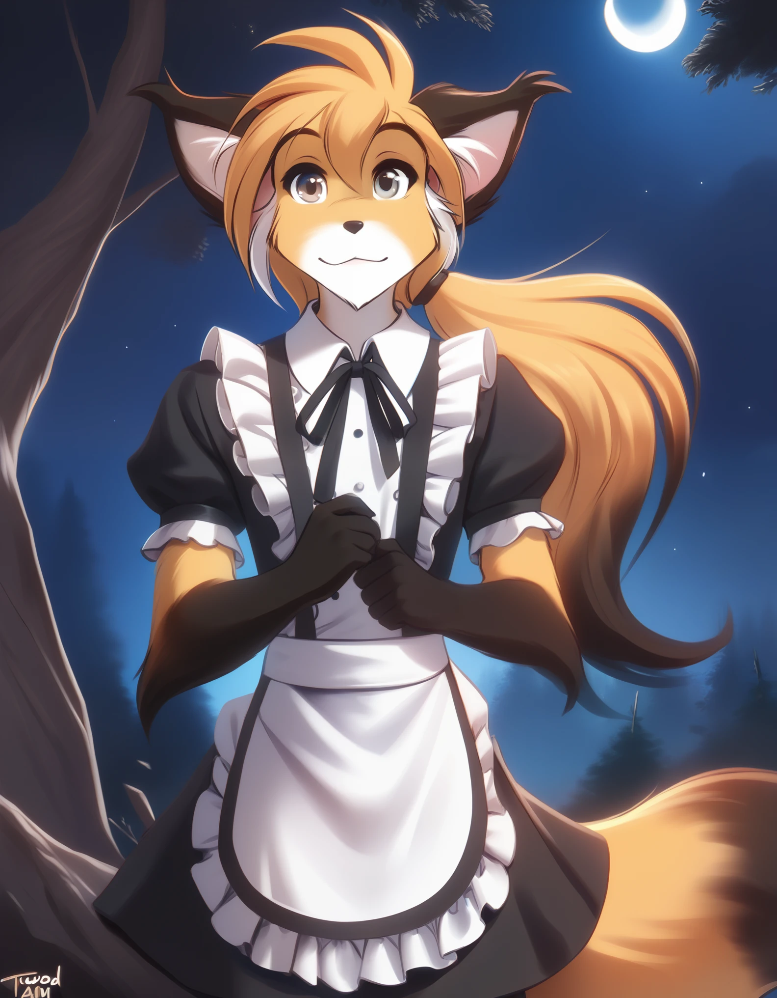 solo, tkmike, keidran, mammal, pantherine, mike_(twokinds) , mike_twokinds, twokinds,  personalami, rating:safe, anthro, arm_tuft, forest, night, stars, moon, maid, maid apron, fox tail,  male, grey eyes, long hair, ponytail, black tip yellow hair, multicolored_fur, multicolored_body, orange_body, orange_fur, black_body, black_fur, white_body, white_fur, 