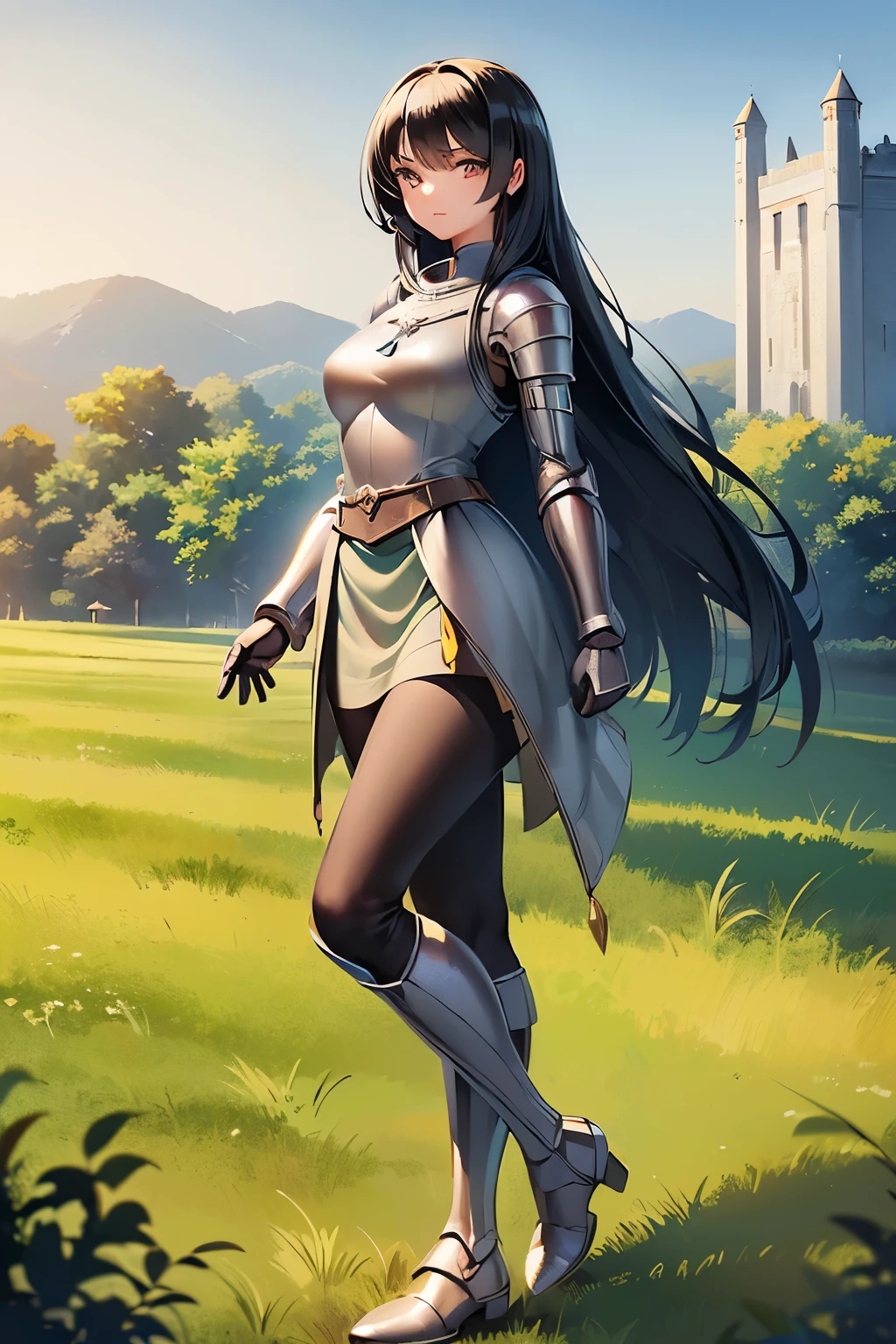 (((masterpiece))), (((best quality))), ((ultra-detailed)), (cinematic lighting), (illustration), (beautiful detailed eyes), (1girl, 20s), full body, knight, futuristic armour, walking, castle in background, field, expressive eyes, perfect face, Girl: (black hair, long hair, wearing skirt, black pantyhose, green and grey armour, green baggy shirt, knee boots),