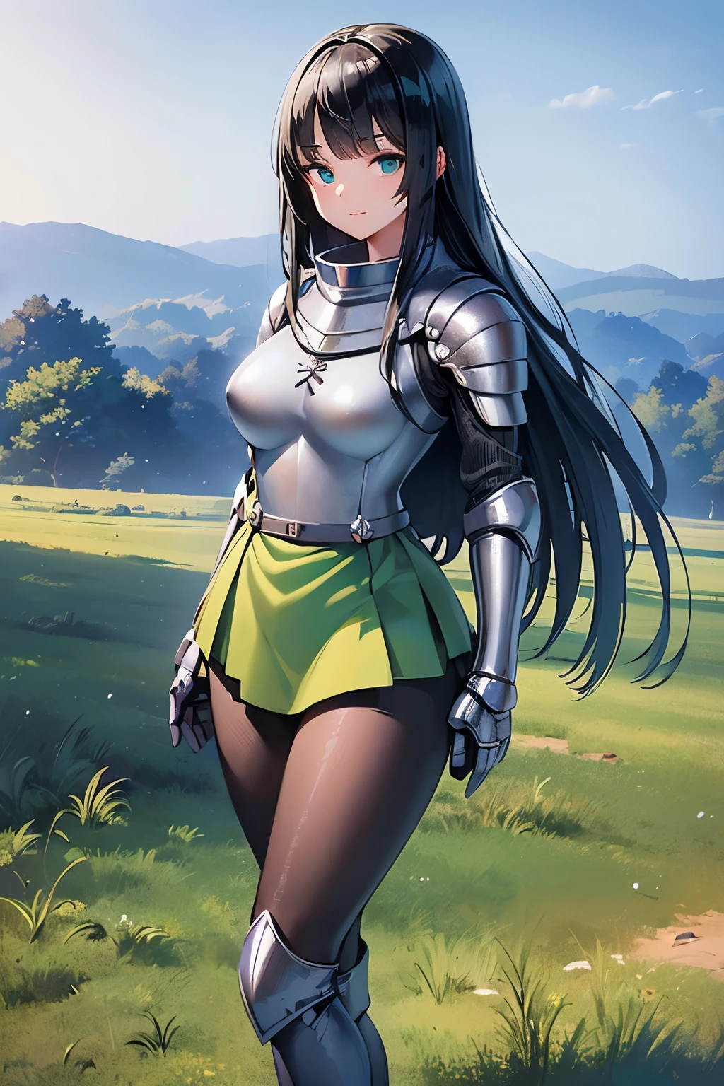 (((masterpiece))), (((best quality))), ((ultra-detailed)), (cinematic lighting), (illustration), (beautiful detailed eyes), (1girl, 20s), full body, knight, futuristic armour, walking, castle in background, field, expressive eyes, perfect face, Girl: (black hair, long hair, wearing skirt, black pantyhose, green and grey armour, green baggy shirt, knee boots),