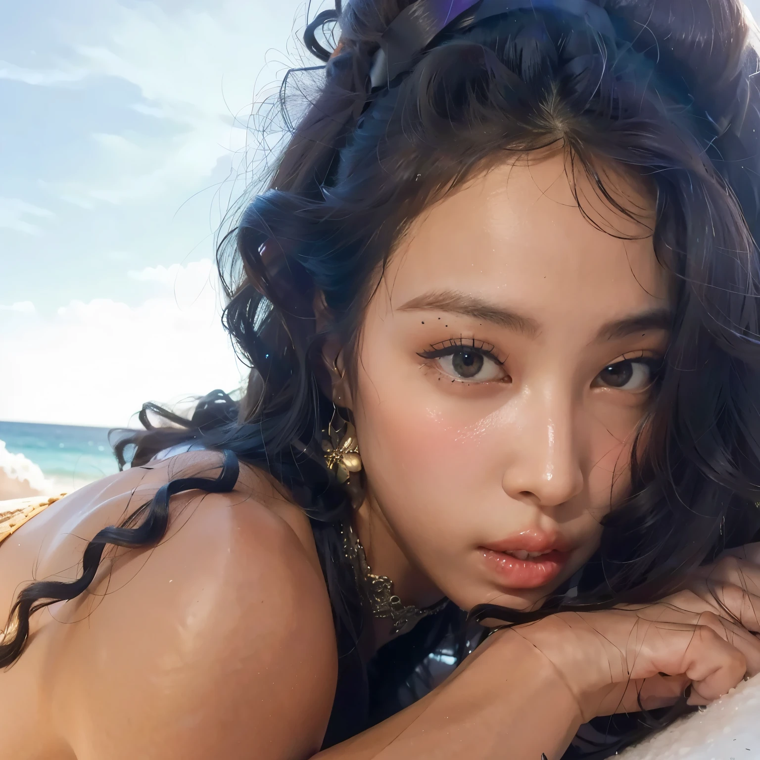 mulher araffe com cabelos cacheados deitada em uma toalha de praia, quanto, linda mulher, linda linda mulher, lindo rosto latina, deitando-se, pele clara, Bella Poarca, Senhora deslumbrante, Retrato de Sophie Mudd, pele verde-oliva, ela tem pele morena oliva, garota sexy com pele escura, mulher deslumbrante, rosto lindo, linda mulher, senhora sedutora, rosto sexy