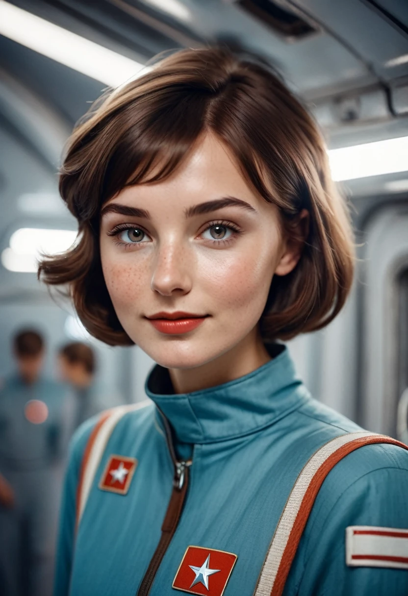 a young girl of Slavic appearance, a beautiful brown-haired woman with a short hairstyle, freckles, a neat nose, gray eyes, medium sensual lips, dimples on the cheek, a slight smile, dressed in a space jumpsuit, chevron of the USSR, entourage of the space station, 8k
