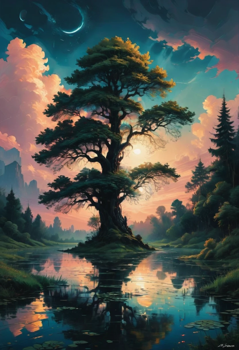 Evening Pond, by Ralph McQuarrie, best quality, masterpiece, very aesthetic, perfect composition, intricate details, ultra-detailed