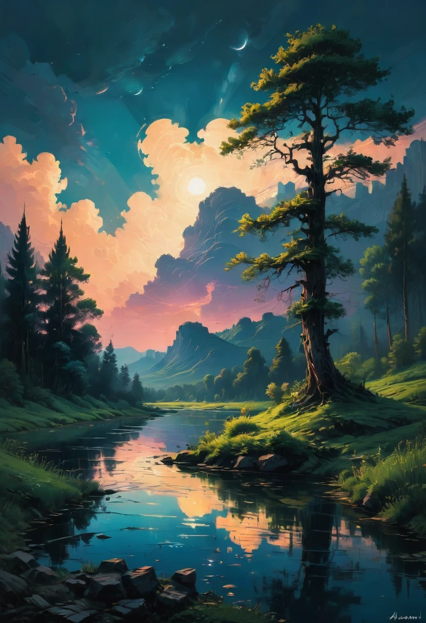 Evening Pond, by Ralph McQuarrie, best quality, masterpiece, very aesthetic, perfect composition, intricate details, ultra-detailed