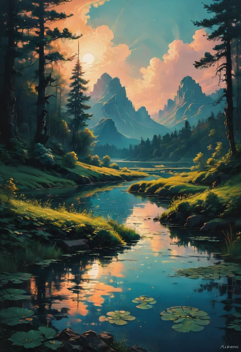 Evening Pond, by Ralph McQuarrie, best quality, masterpiece, very aesthetic, perfect composition, intricate details, ultra-detailed