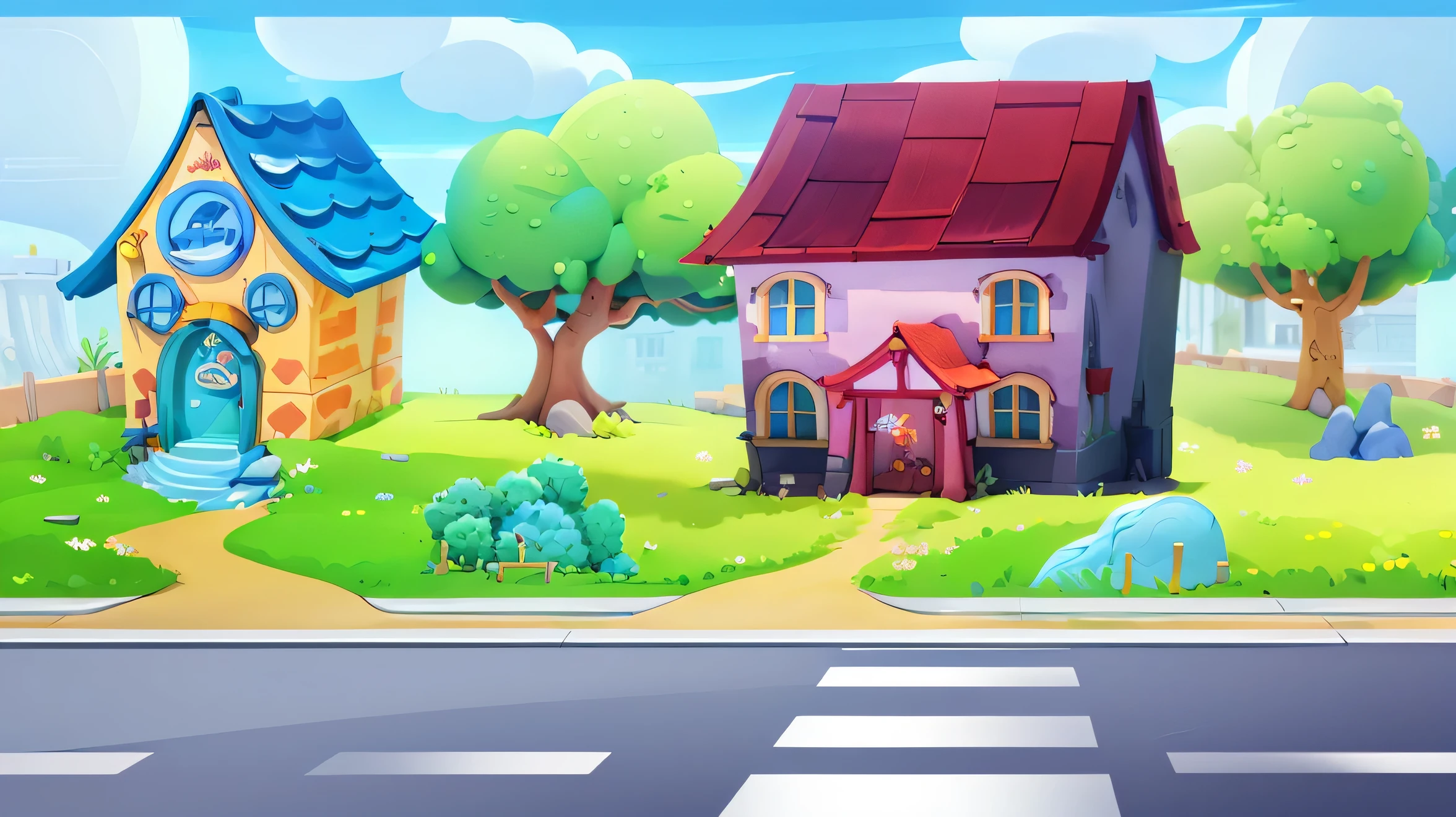 Masterpiece, best quality, cartoon, architecture, beautiful residence, old design, trees, coral, olives, florist, 1920 x 1080