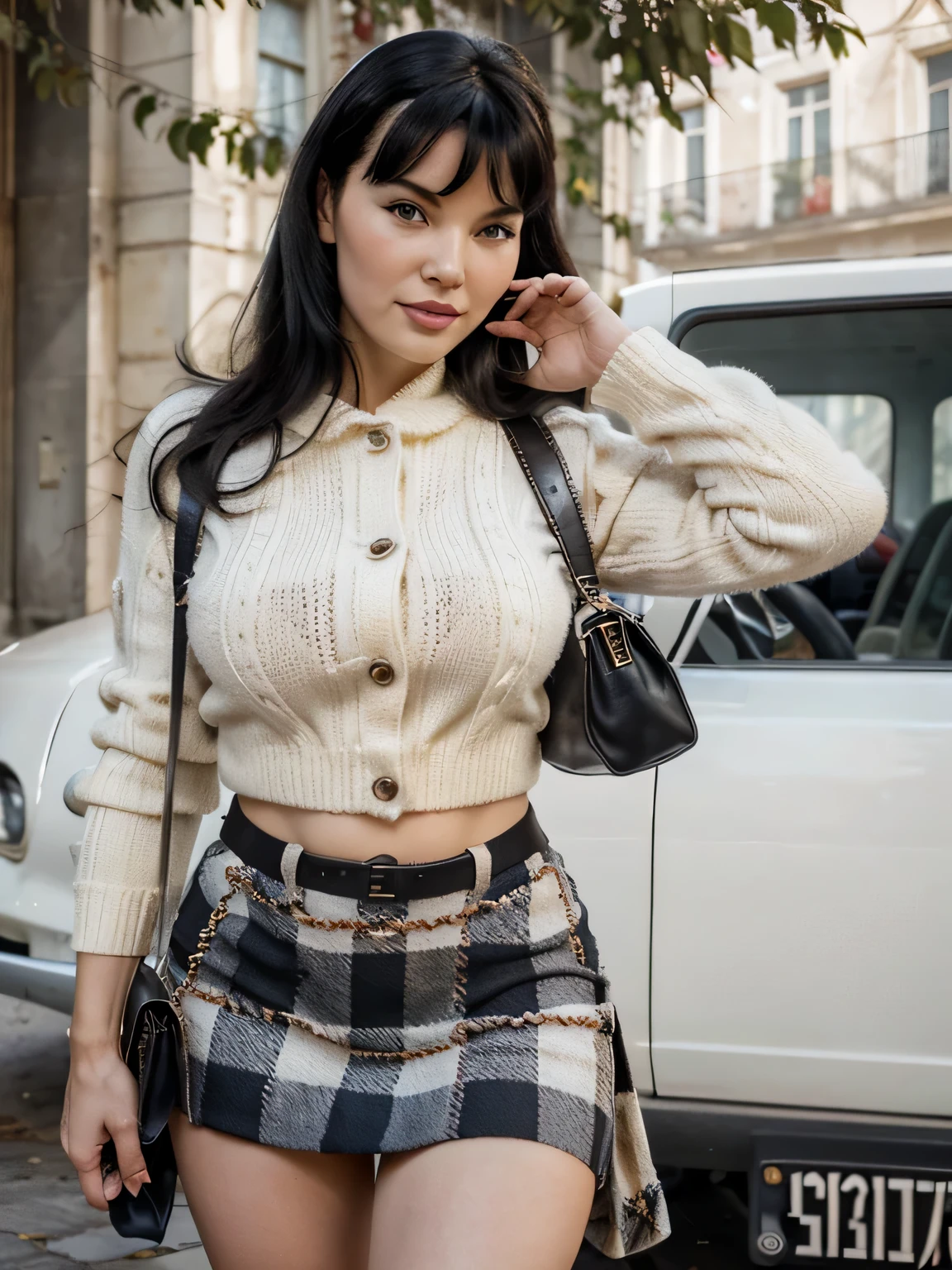 Bettie Page, vestita con un largo maglione bianco, un giubbotto di pelle, una gonna corta di pelle e guanti di camoscio, sdraiata su un plaid in una forseta autunnale, con tante folgie secche, in una giornata di sole,