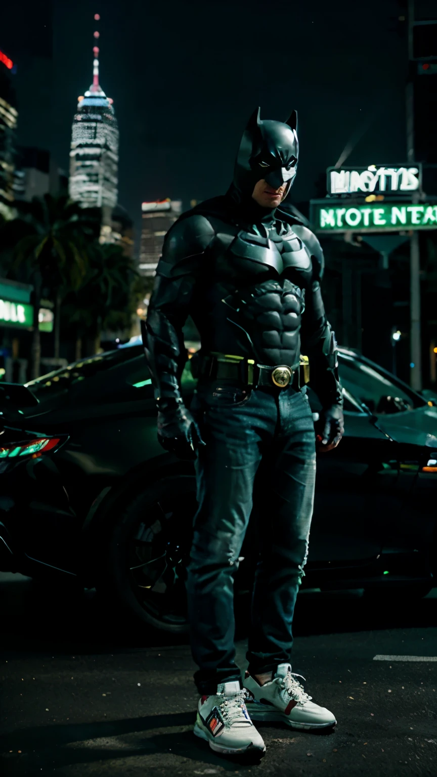 photography of handsome man, wearing LED green strip black armor, jeans, white sneakers, standing next to batman car with green neon around it, with night city background, sparkling lights, hyper realistic