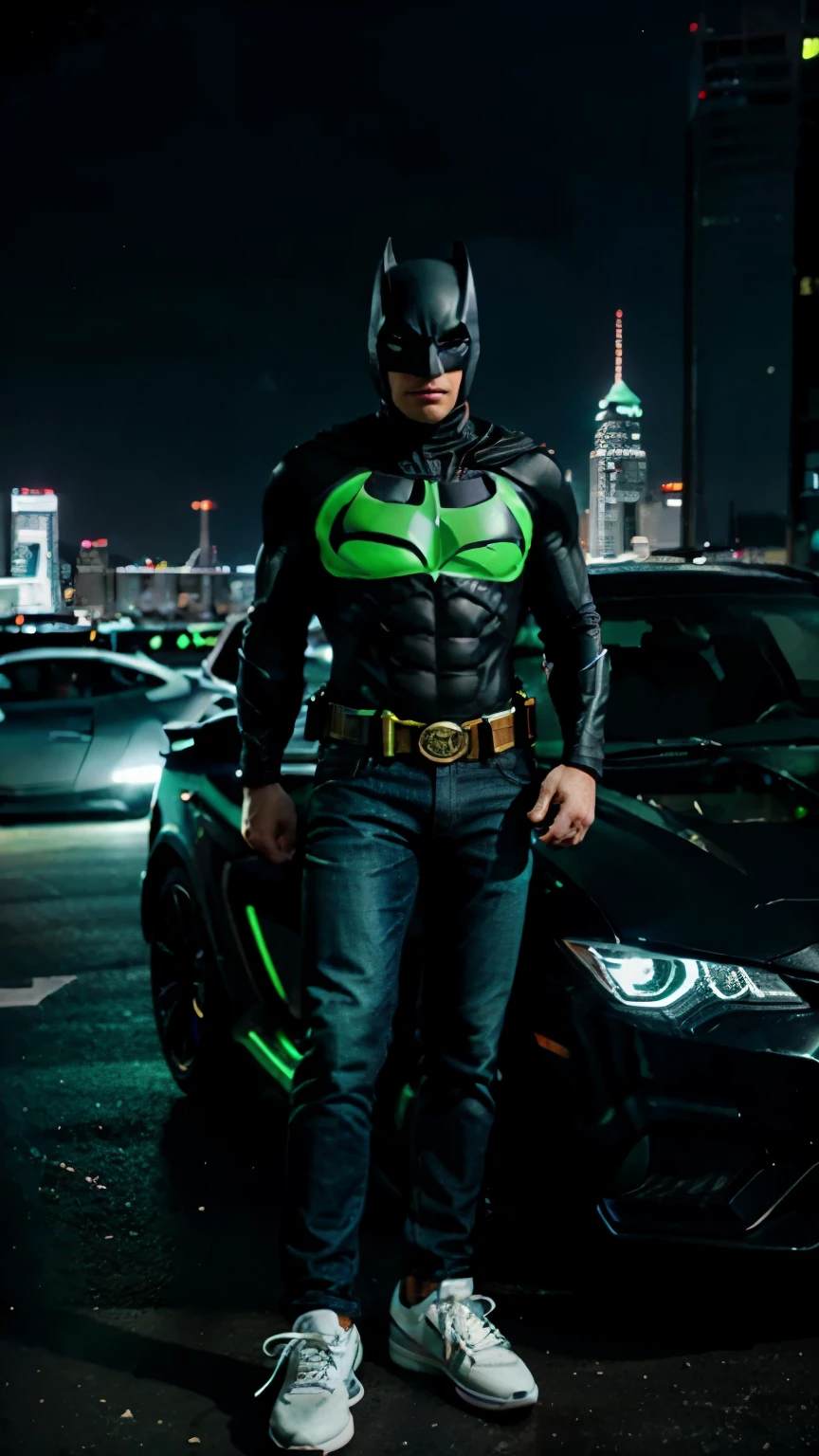photography of handsome man, wearing LED green strip black armor, jeans, white sneakers, standing next to batman car with green neon around it, with night city background, sparkling lights, hyper realistic