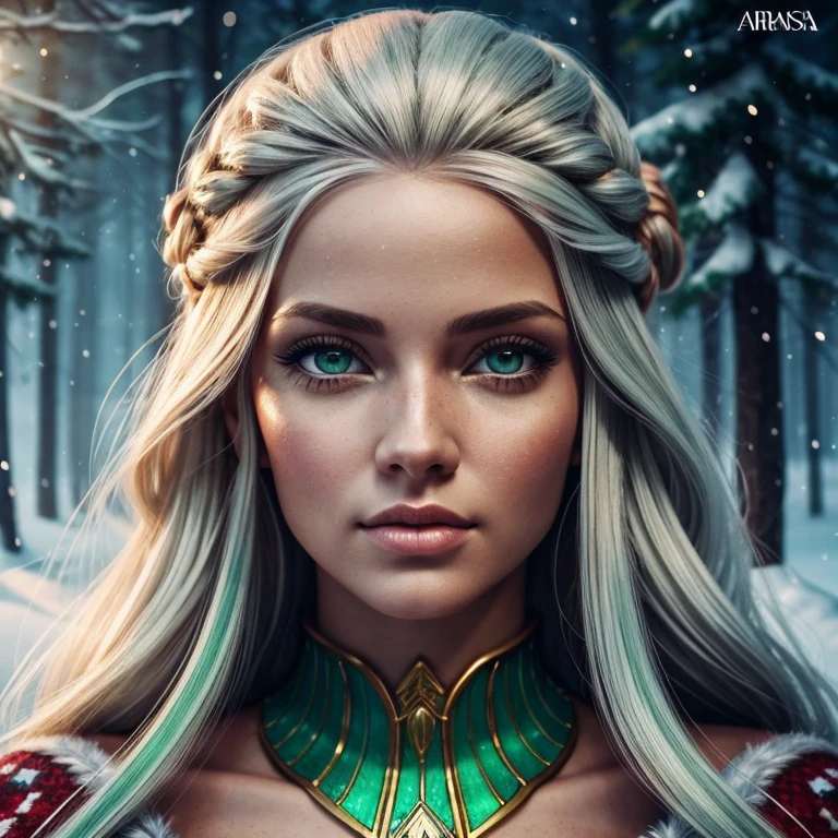 mesma garota, mais detalhes nos olhos boca e pele, vintage style fantasy, masterpiece, magnificent art, best quality, 1girl, close-up girl nordic princess, Scandinavian mountains, winter weather, symmetrical and hyper detailed face, silky skin like peach silk, vibrant and aggressive green eyes, white and messy hair up to the waist, sculptural body, (sparks: 0.7), Adobe Illustration, Trand on Artstation, 8K, hd, UHD, cold and soft lighting, --q 500 --s 100, -