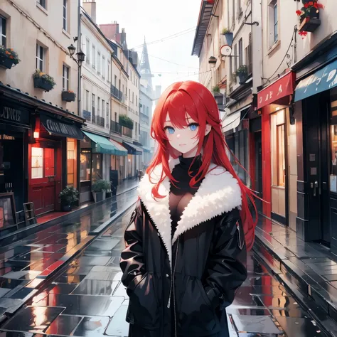 red hair, blue eyes , paris, raining