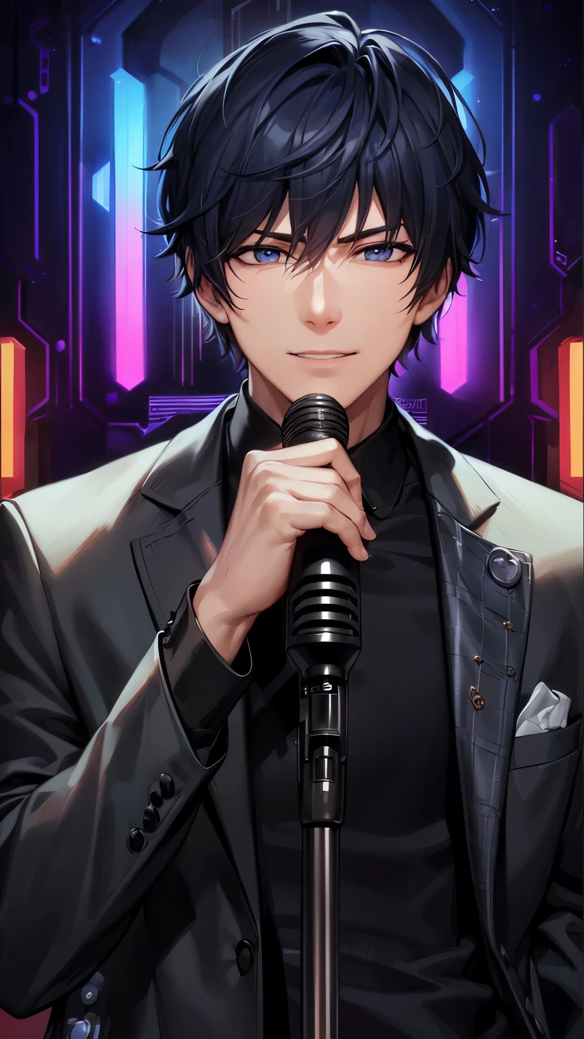a handsome guy、serious expression、please close your mouth、holding a microphone with a microphone stand、cool look、manly、Highly Detailed CG Unity 8K Wallpaper, (super masterpiece, beautiful person, well detailed face polluted smile, It's photorealistic, hyper realistic)cool and cool face