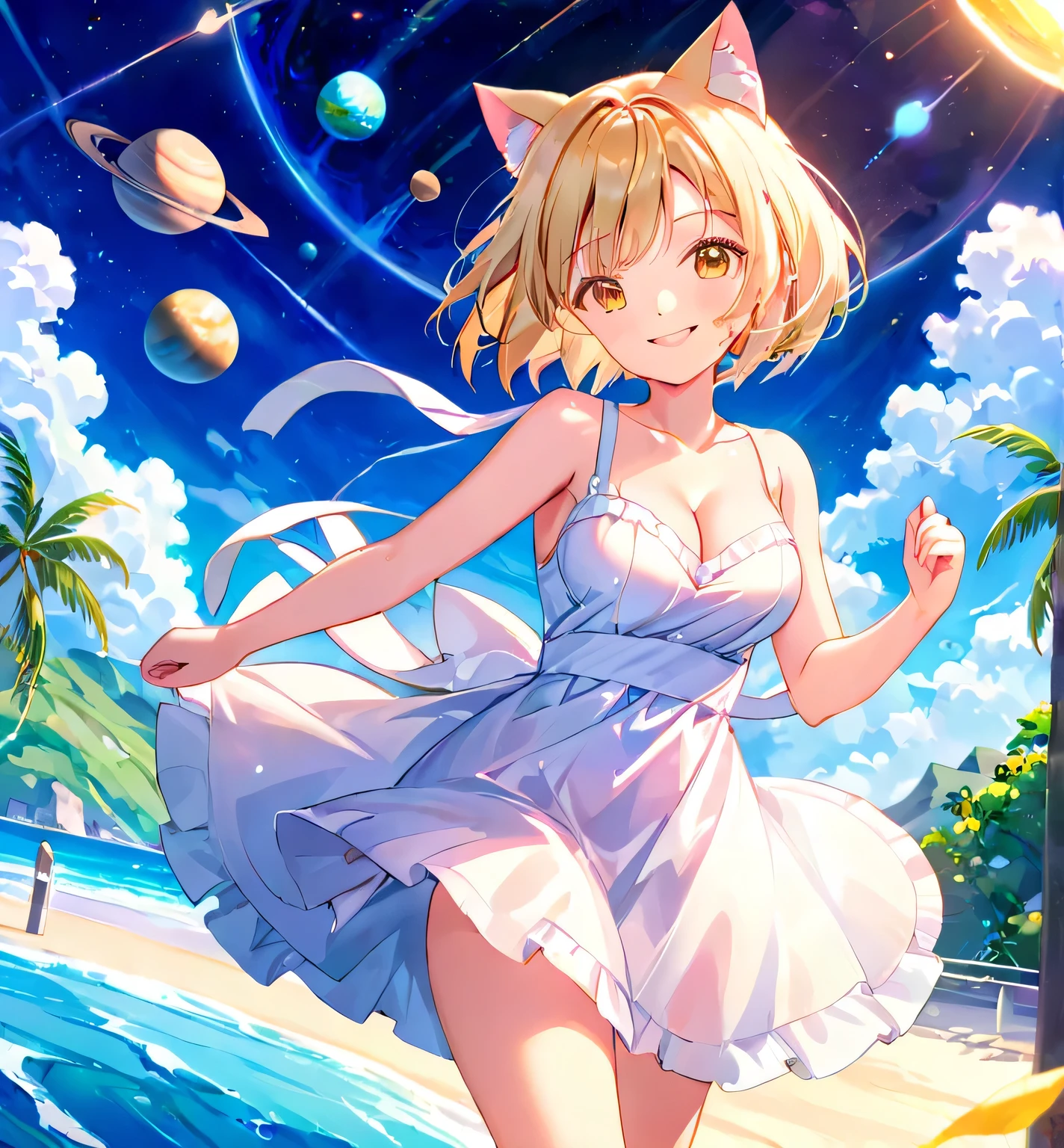 1 girl, running, white sundress, outdoor, Summer in another world, multiple planets in the sky, girl living in another world, , smile, , cleavage、(Cat ear)、Bob cut blonde hair、8K,Vivid landscapes、