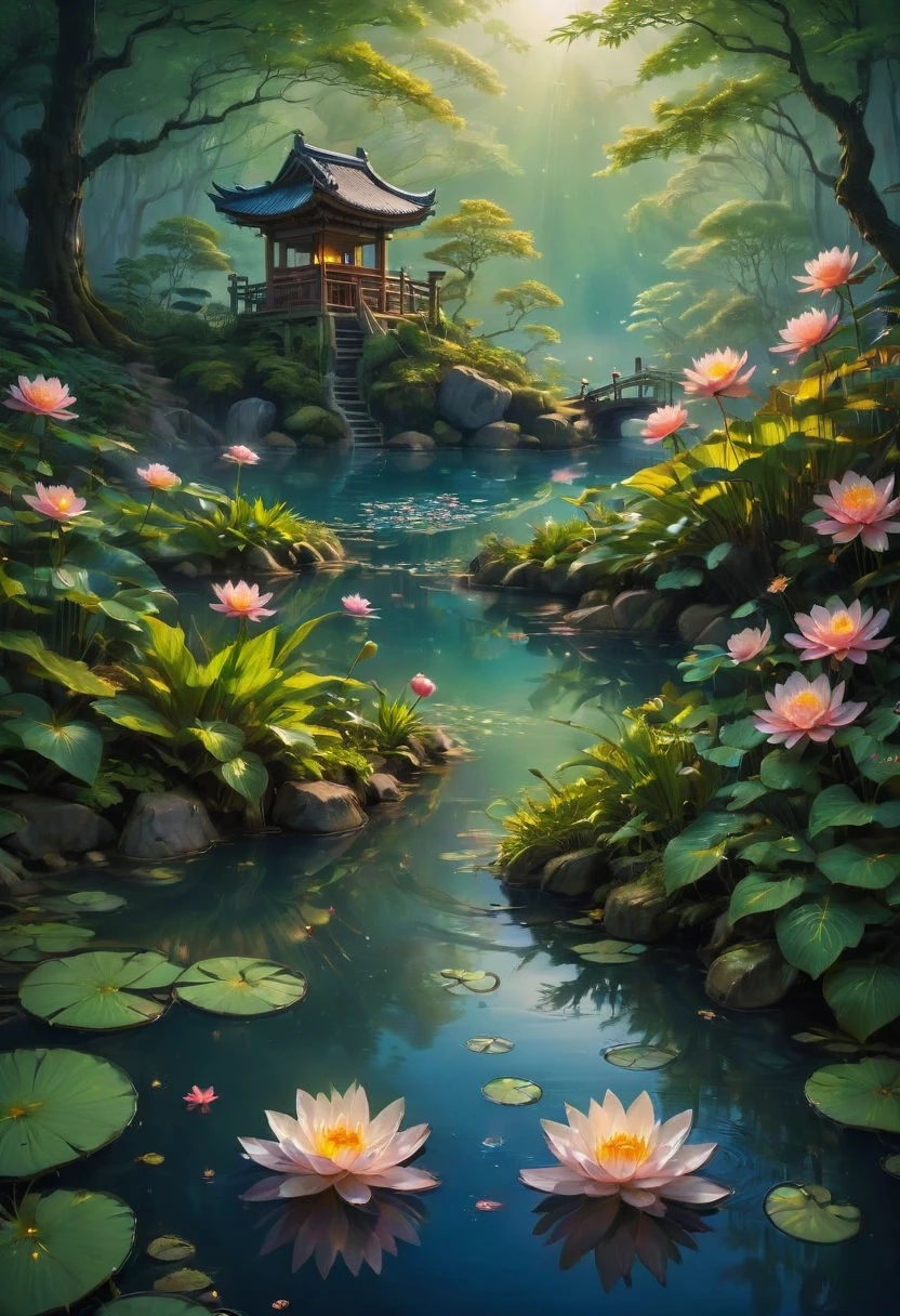 Evening Pond, by Naoki Urasawa, best quality, masterpiece, very aesthetic, perfect composition, intricate details, ultra-detailed