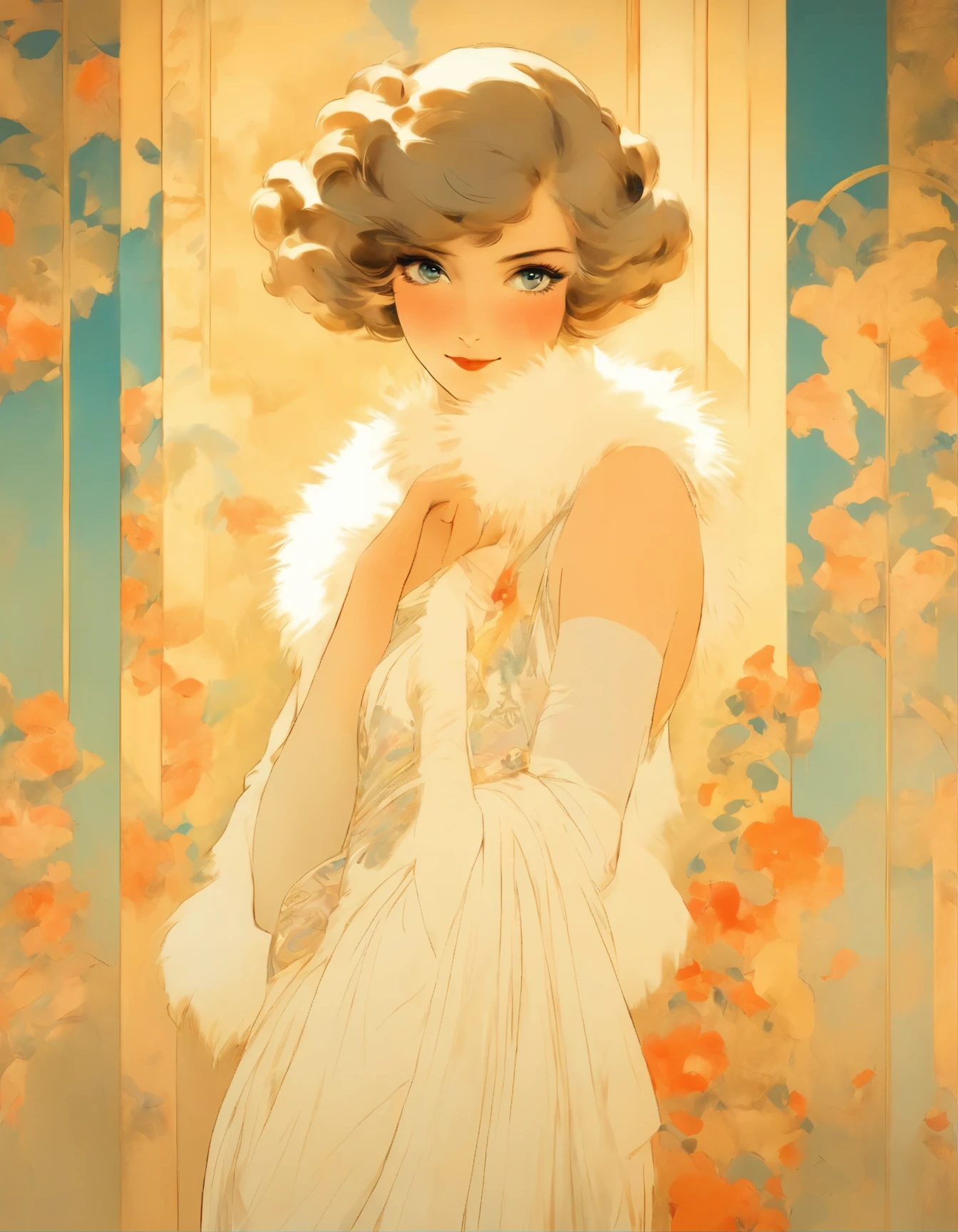 arafed woman in a white dress and fur stole standing in front of a painting, an art deco painting inspired by Cecil Beaton, tumblr, art nouveau, white regal gown, in style of cecil beaton, peter kemp, elegant and graceful, exquisite aristocratic, white gown, beautiful gown, the portrait of an elegant, 1 9 2 0 s style
