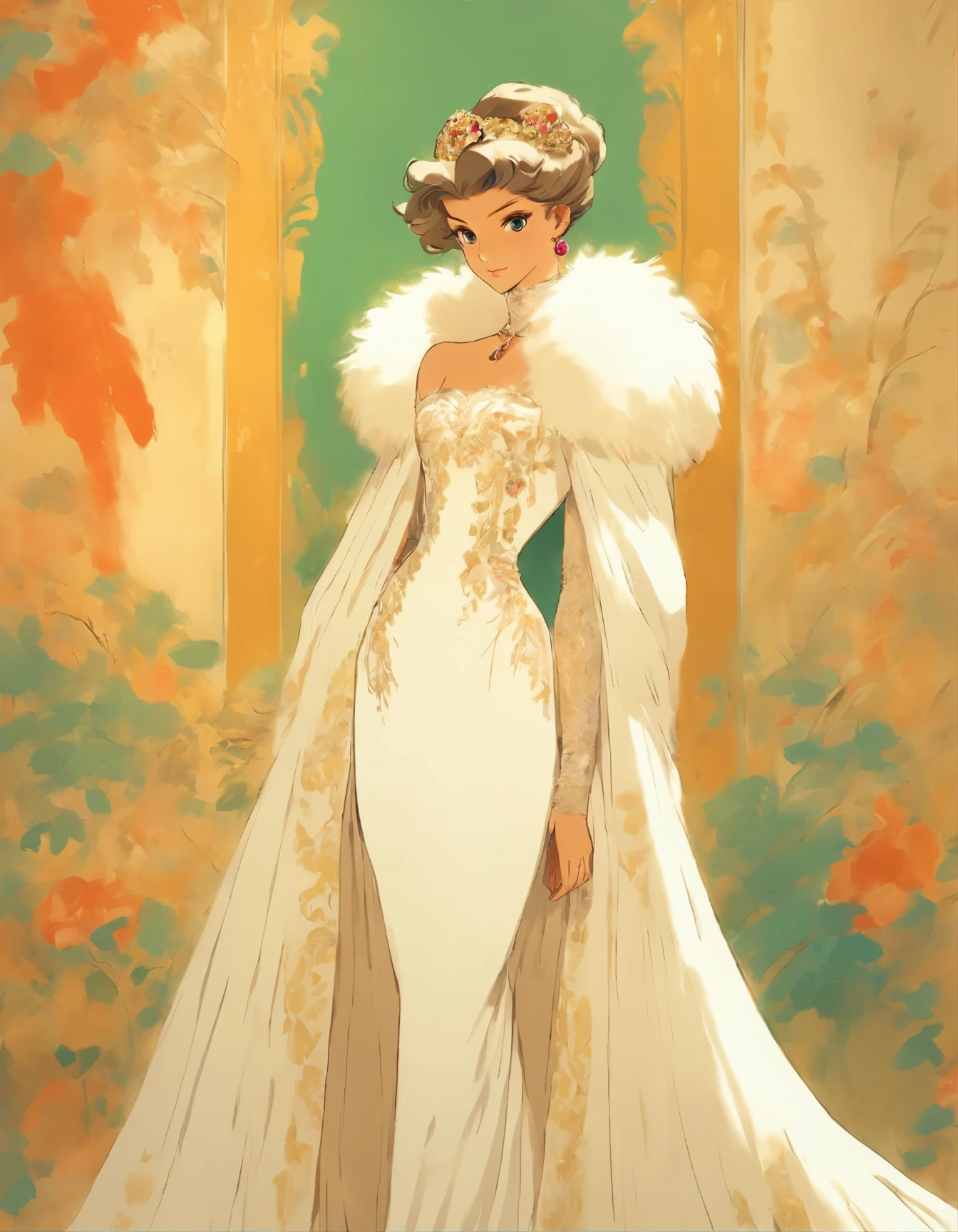 arafed woman in a white dress and fur stole standing in front of a painting, white regal gown, in style of cecil beaton, inspired by Cecil Beaton, inspired by Alfred Edward Chalon, peter kemp, elegant and graceful, exquisite aristocratic, inspired by Gabriel Ba, white gown, beautiful gown, the portrait of an elegant
