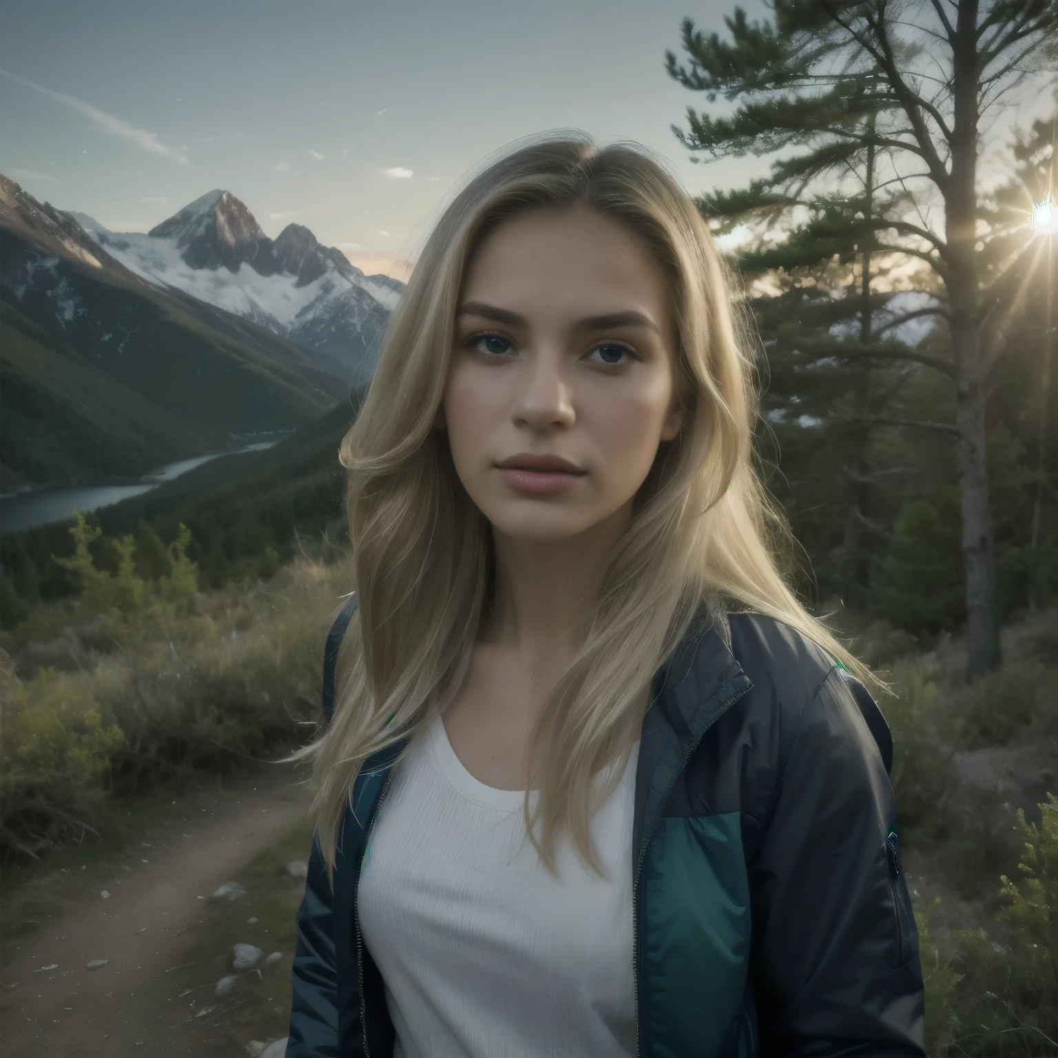 Hyperrealistic, highest quality, ultra-detailed portrait of Rosalia Fernanda, a vibrant and lively woman with silky straight platinum blonde hair, hiking in the mountains, wearing hiking clothing. soft glow of evening sun, Shot on a 4K UHD with a mirrorless camera, the image emulates a reminiscent of a Vogue cover shoot style, complete with HDR enhancement for vivid colors for an bold and adventurous mood. ultra-high resolution resolution, employing Adobe Lightroom edited, to achieve crisp clarity and mesmerizing detail