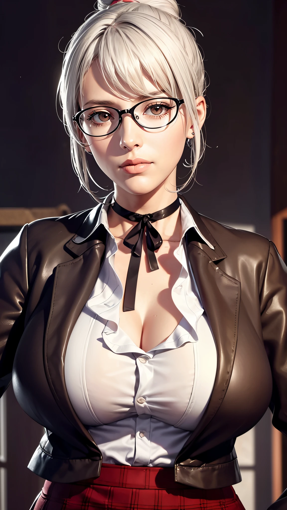 （（（完美figure，figure，school uniform,  plaid skirt,  ribbon choker, brown jacket，White shirt，（（（shiraki meiko，hair bun, glasses，White hair，）））型figure:1.7））），((masterpiece)),high resolution, ((Best quality at best))，masterpiece，quality，Best quality，（（（ Exquisite facial features，looking at the audience,There is light in the eyes，Happy，***********nterlacing of light and shadow，huge boobs））），（（（looking into camera，）））