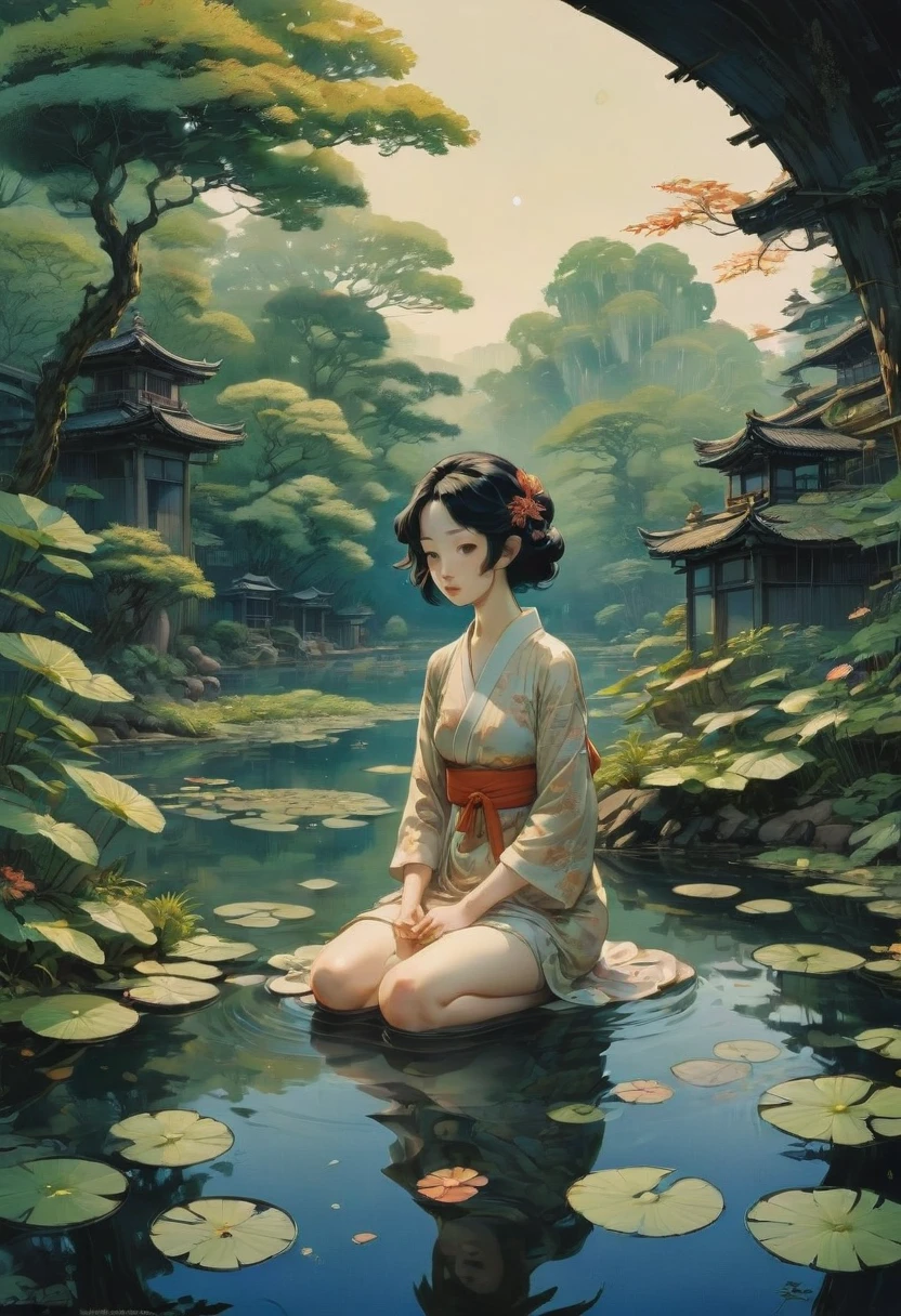 Evening Pond, by Ralph McQuarrie, best quality, masterpiece, very aesthetic, perfect composition, intricate details, ultra-detailed
