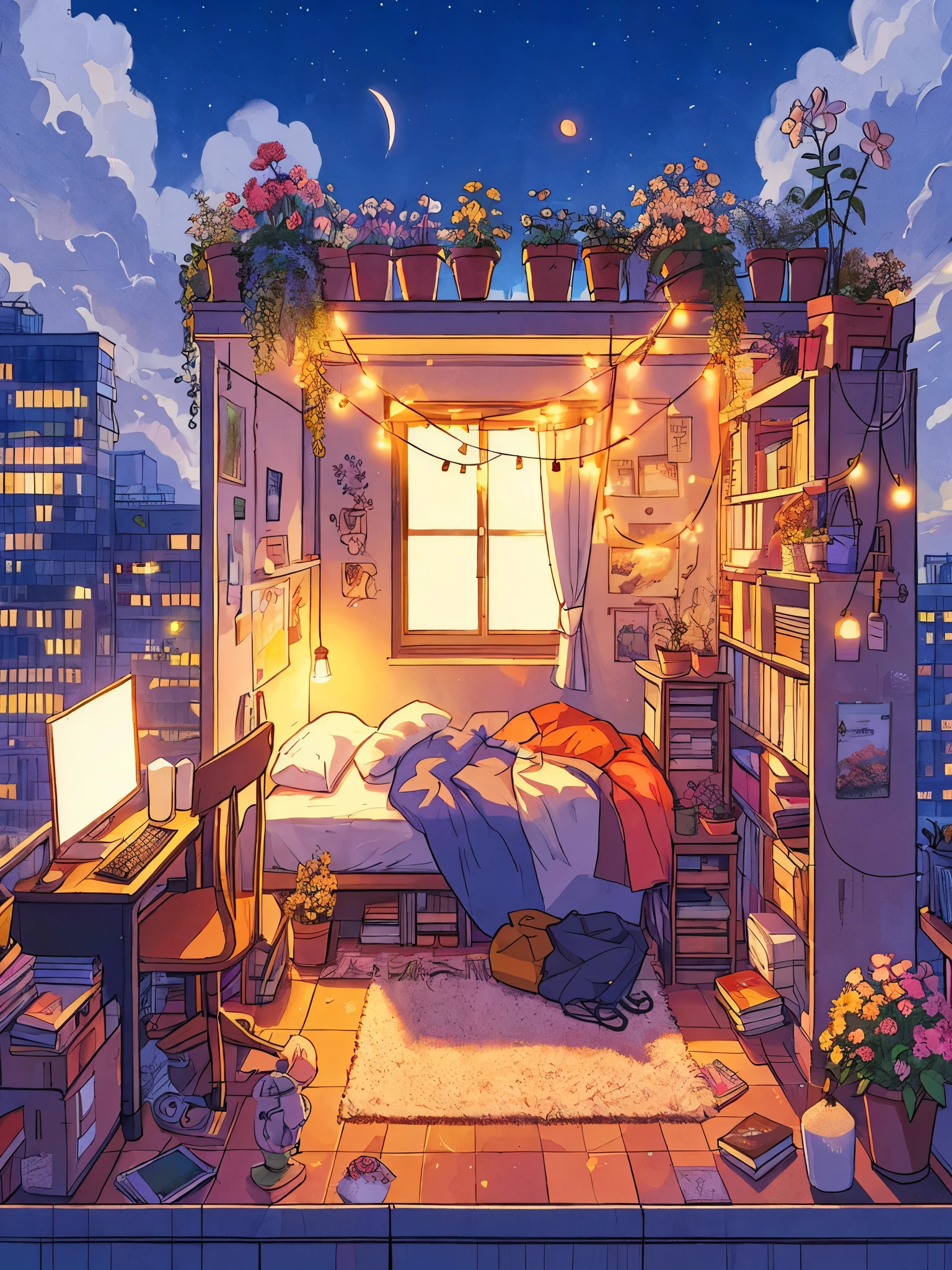 Draw an anime simple art scene of small cozy messy bedroom with fairylight on top floor of 21 storey building, colorful walls, flowers in pots, books in shelf, computer system, carpet, single light bulb hanging, late evening, cloudy sky, no human, vibrant color tones, dim light